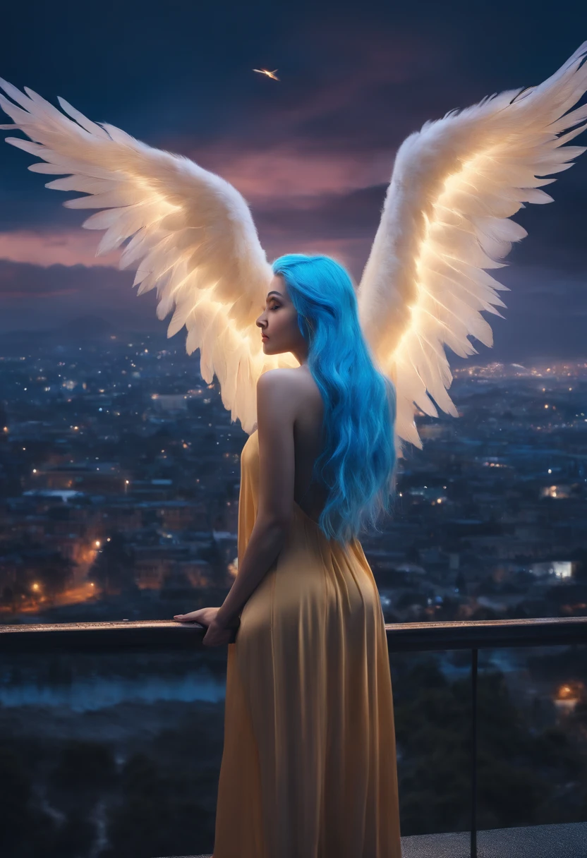 "picture quality: 8K (Highest quality scale: 1.2), Artistic style: Realistic, Photorealistic elements: 1.37, Clarity: Ultra high definition, subject:One girl flying over stunning cityscape ,Hoodie,Blue hair, Neon Color Shooting Star, Very long hair, off shoulders, feathers hair ornament, neon color, flashes, stunning night sky, Teenage girl (16 years old), Notable features: Pleasant smile, Closed mouth, exquisitedetails, Lovely Nose, Composition: Full body, damp hair, context: In the giant Darsepho,, attire: Snow White T-Shirt, Angel wings very detailed