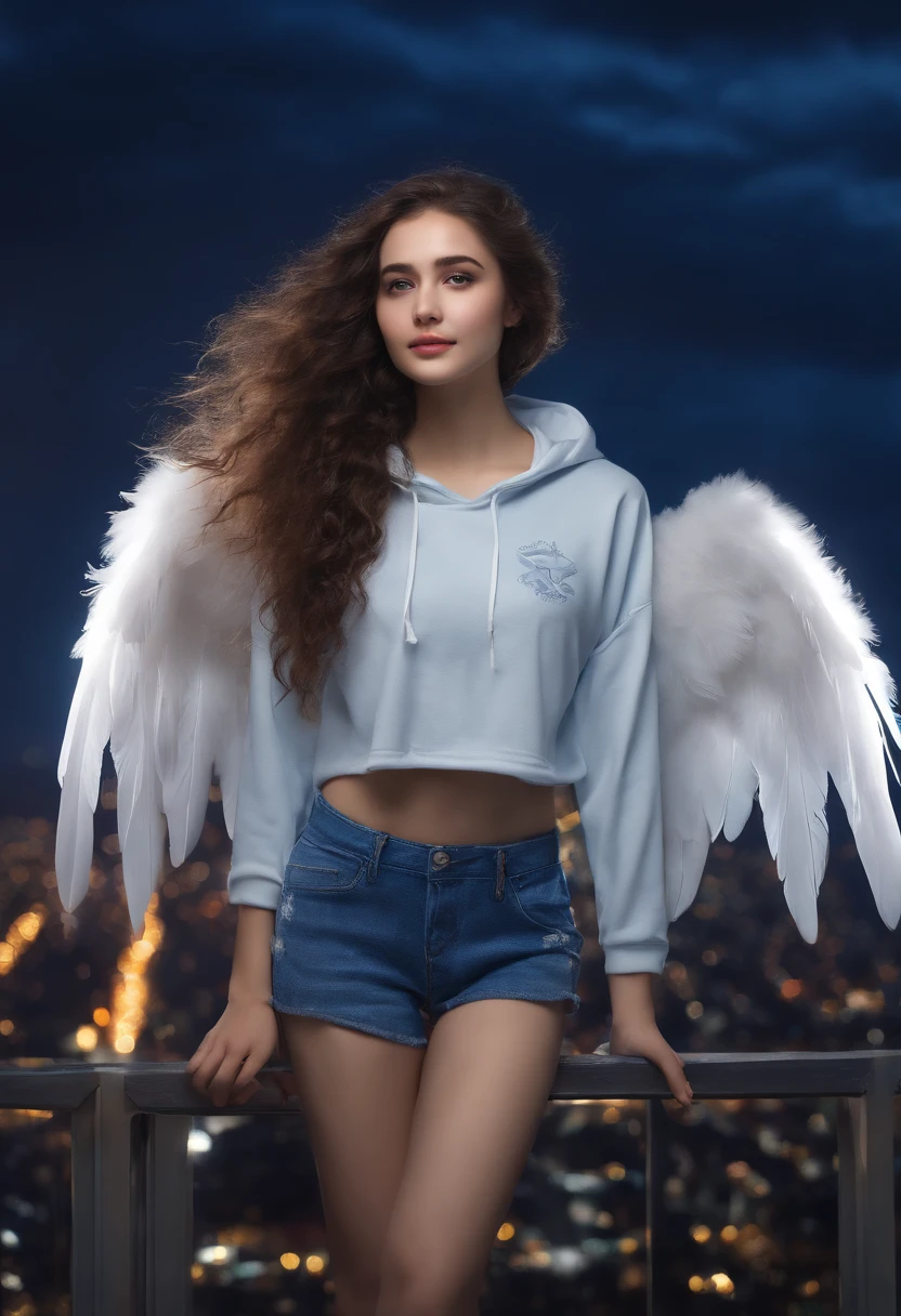 "picture quality: 8K (Highest quality scale: 1.2), Artistic style: Realistic, Photorealistic elements: 1.37, Clarity: Ultra high definition, subject:One girl flying over stunning cityscape ,Hoodie,Blue hair, Neon Color Shooting Star, Very long hair, off shoulders, feathers hair ornament, neon color, flashes, stunning night sky, girl (16 yearble features: Pleasant smile, Closed mouth, exquisitedetails, Lovely Nose, Composition: Full body, damp hair, context: In the giant Darsepho,, attire: Snow White T-Shirt, Angel wings very detailed
