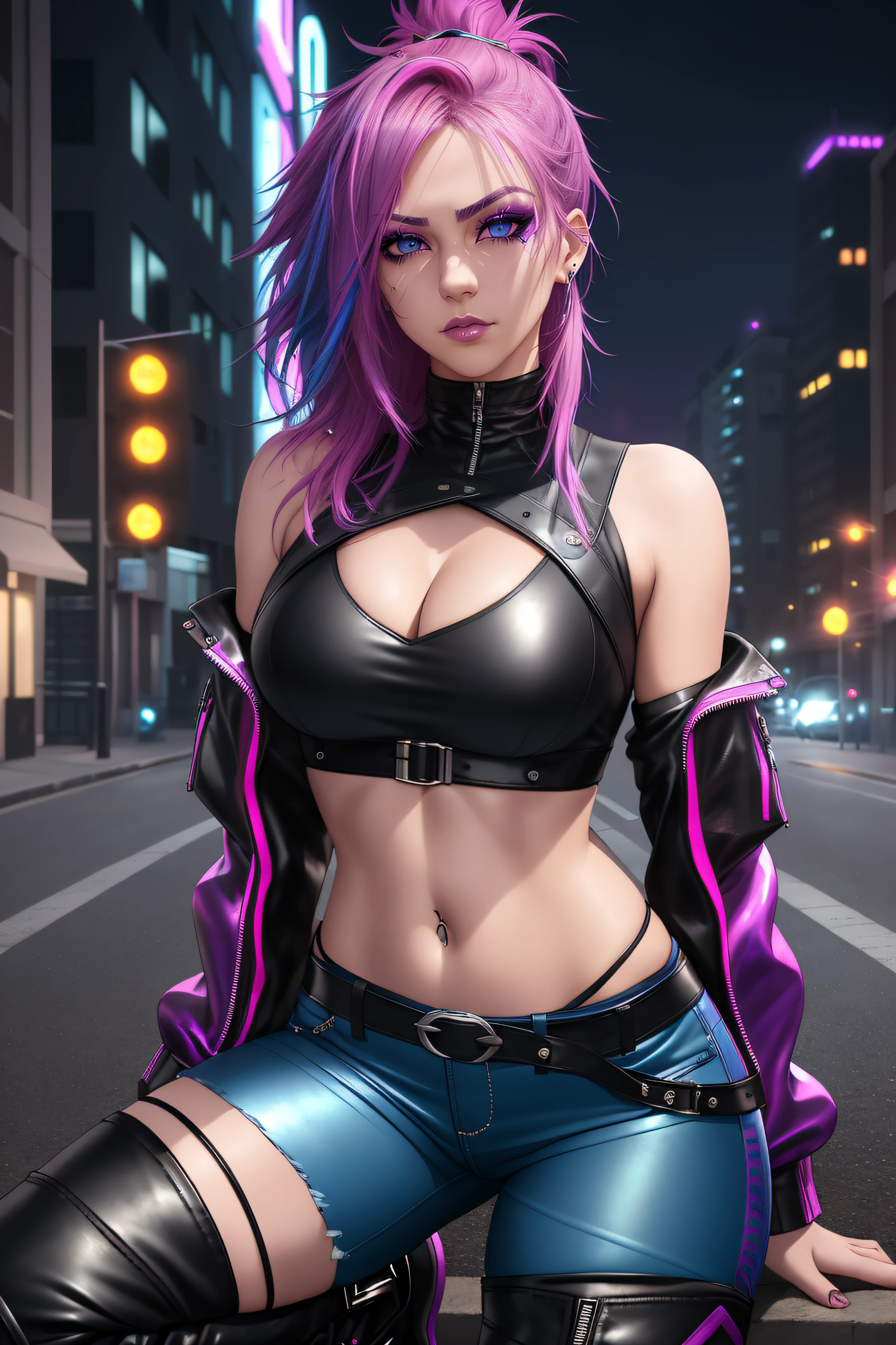 beautiful girl, full body, short bright blue and magenta streaked dishevelled hair, large blue piercing eyes, black eyeshadow, (street style wear:1.2), ((tight fitted pants)), ((knee high leather boots)), (city night background:1.2), dark makeup, digital art, trending on artstation, highly detailed, fine detail, intricate, beautiful detailed glow, detailed, Cinematic light, high-res, detailed facial features, sharp focus, smooth, aesthetic,
