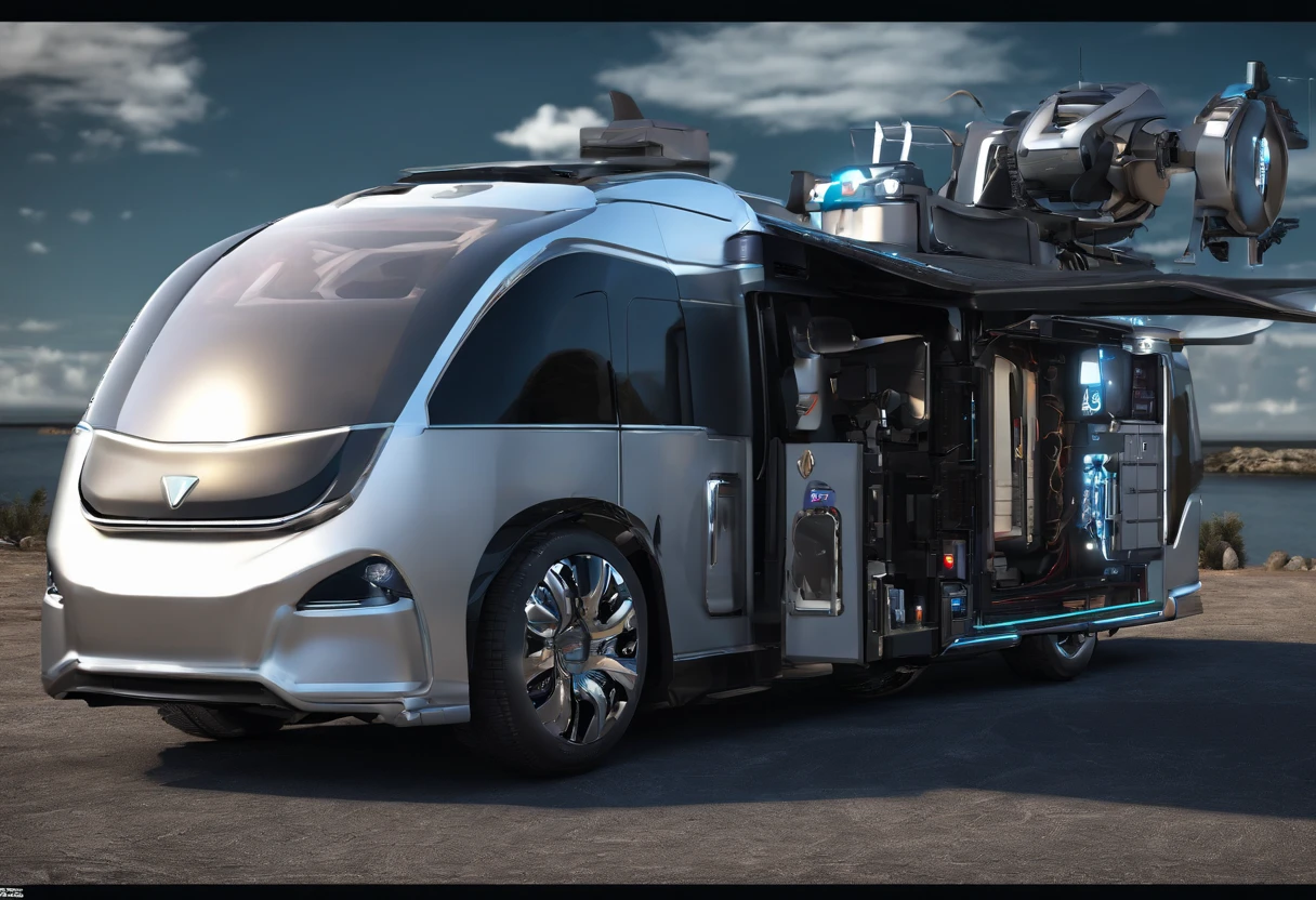 An RV, Every camper, An RV, Every camper ::, There was a female driver in the car::, The driver is a female driver, There were two boys in the car, There is a trailer behind the sedan, There is a yacht on the trailer,Realistic ::,,mechanical structure,,full bodyesbian,bird's eyes view,Aerial view,rays of shimmering light, --AR 9:16 --V 5.1 --Original style -