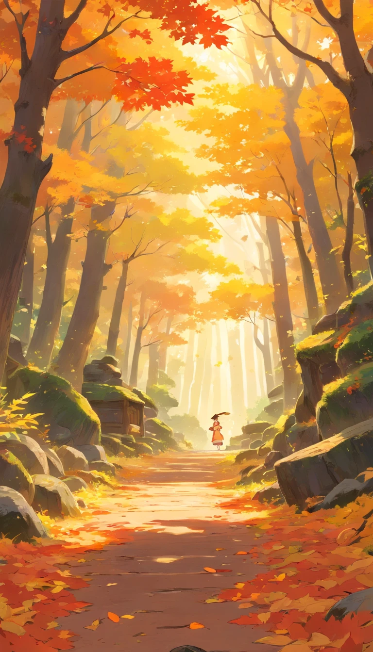 Best quality,Ultra-detailed,Realistic,landscape,Beautiful warm colors,Sunlight shines through the trees,vibrant foliage,Tranquil atmosphere,Fresh air,subtle mist,Fallen leaves cover the earth,Sunlight peeks through the canopy,Dappled light,Quiet silence,Sturdy luggage,Majestic branches stretch out to the sky,Cascading leaves float gently in the air,Delicate autumn leaves dance in the wind,Rich bark texture,Lovely orange tones,Red,and yellow,Colorful foliage covers the forest floor,The leaves rustle,whisper,Mossy rocks and fallen logs,Golden hour lighting,a peaceful and serene atmosphere.