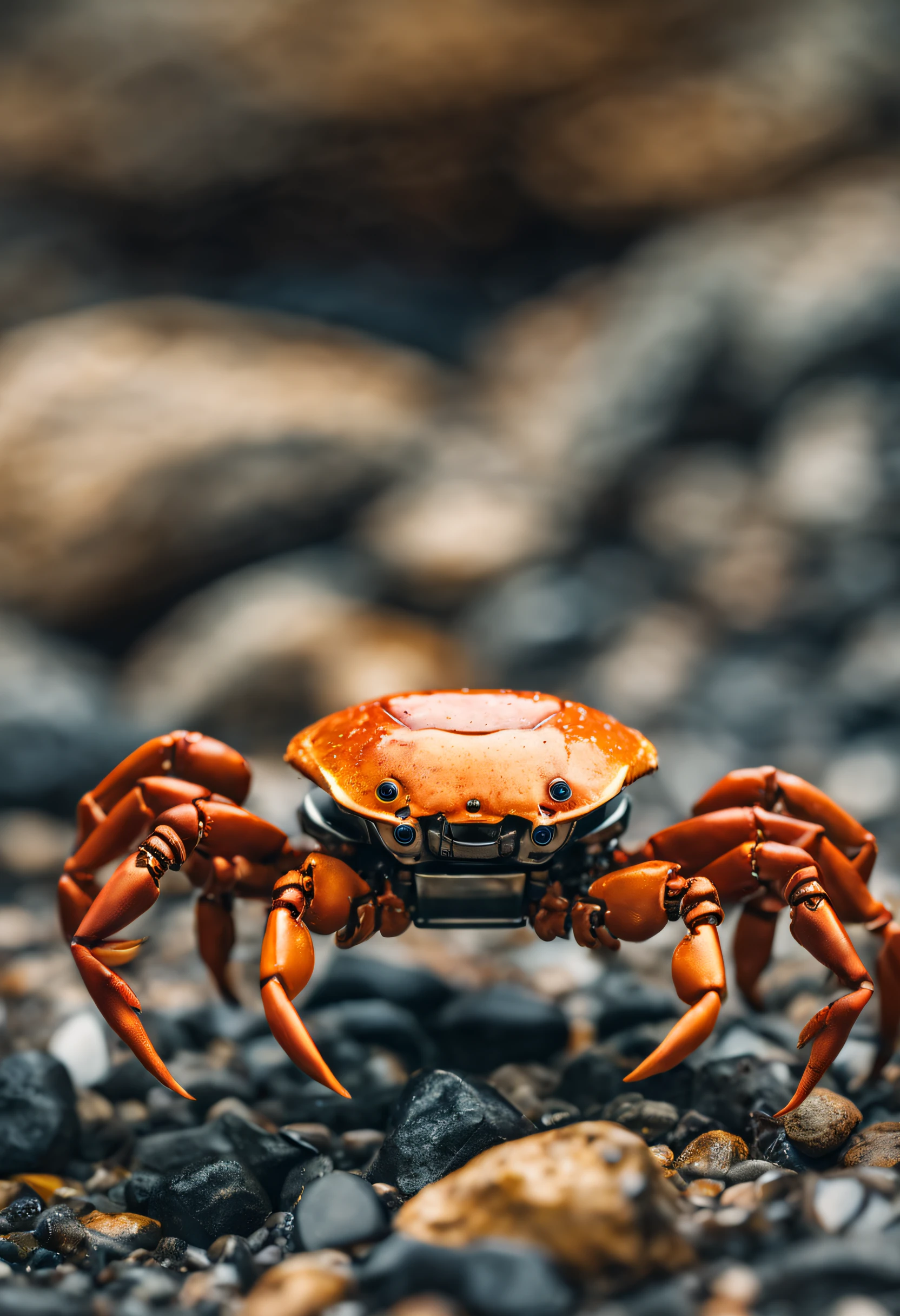 macro photography, Robotic crab with threatening crab claws on a rocky beach, Cute metal work, Oil stain color grading, Colorful, Extremely detailed, ultra-realistic realism, Aperture 1.2, Shallow depth of field, Bokeh, Clean and sharp,