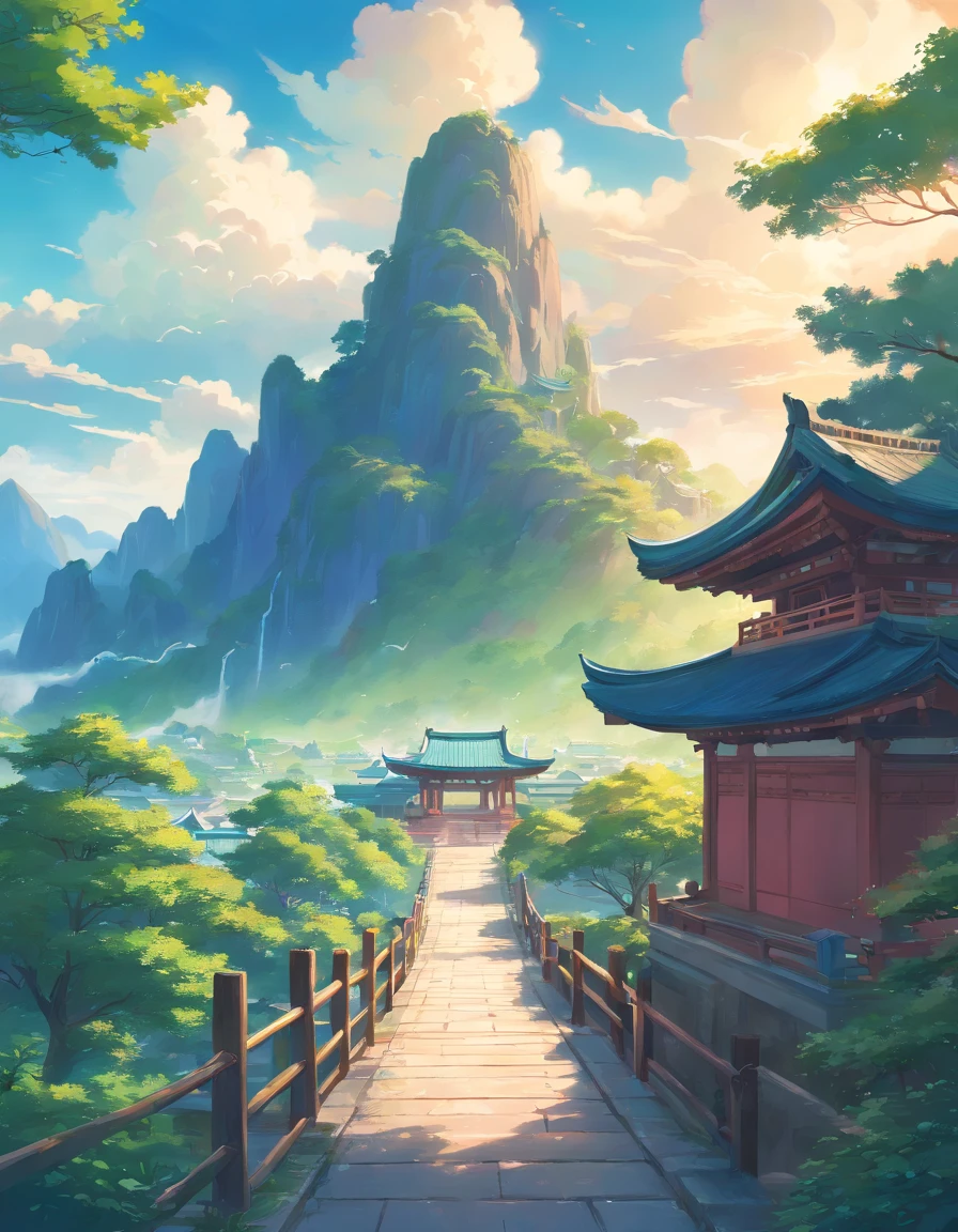 There is a picture,The painting depicts a dreamy landscape painting, zen temple background, Oriental Fantasy, landscape artwork, a temple background, background artwork, dreamy scene, detailed scenery —width 672, dreamy Chinese towns, Oriental wallpapers, chinse landscape, dreamlike digital painting, atmospheric fantasy sky, Dreamy Matte Painting, surreal dream landscape, Fantasy background
