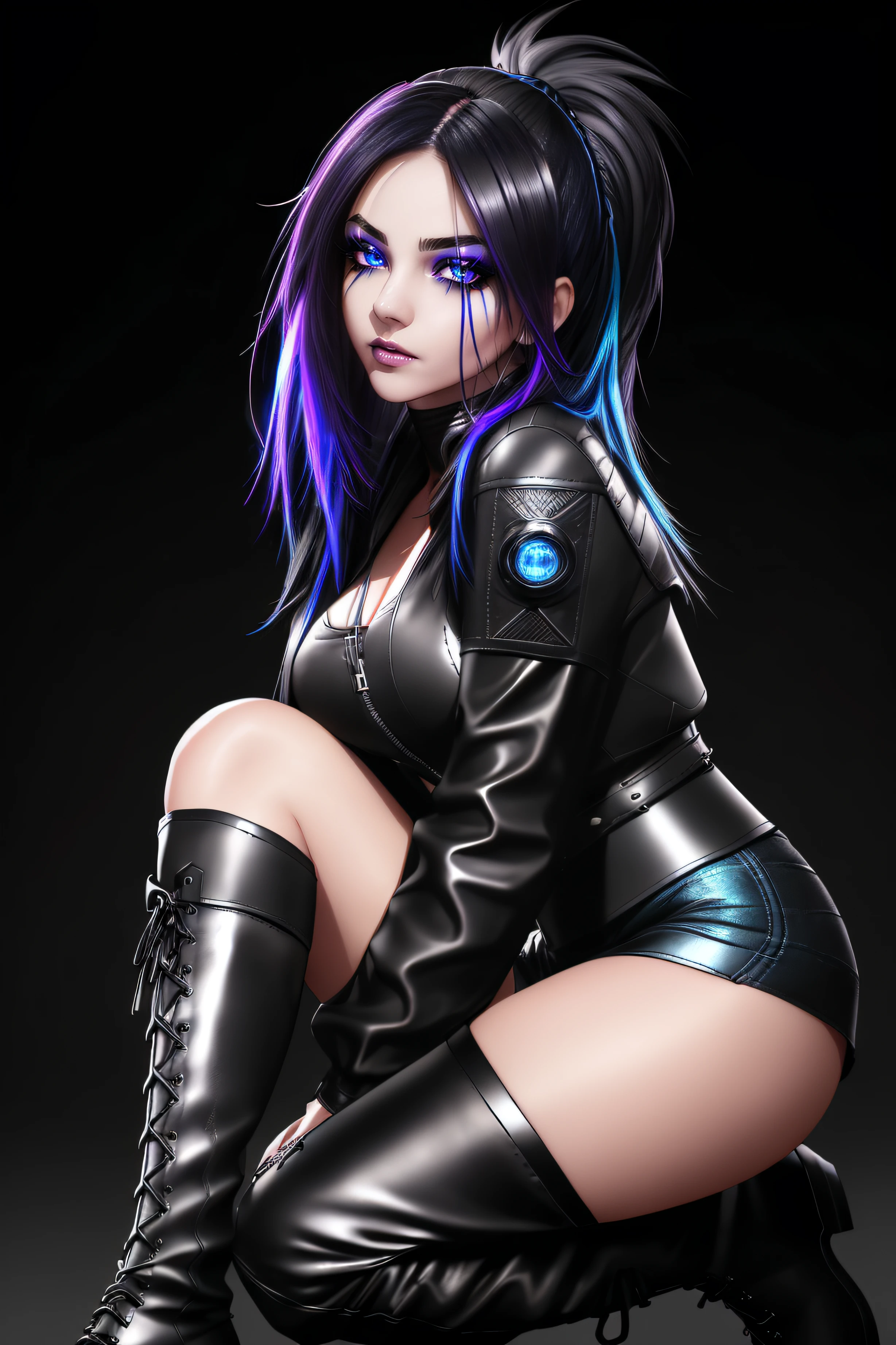 beautiful girl, full body, short bright blue neon streaked dishevelled hair, ((large light realistic detailed eyes:1.3)), ((seductive pose:0.5)), black eyeshadow, (street style wear:1.2), ((tight fitted short skirt)), ((knee high leather boots:1.3)), (dark city night black background:1.4), dark makeup, digital art, trending on artstation, highly detailed, fine detail, intricate, beautiful detailed glow, detailed, Cinematic light, high-res, detailed facial features, sharp focus, smooth, aesthetic,