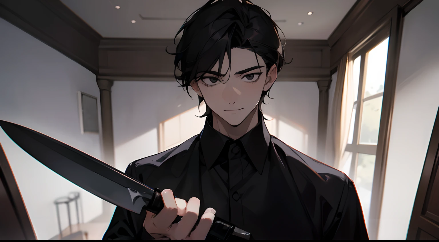 Young man with a brooding face、Dark hair、Black eyes、Y shirt、Luxurious room、Dark smile、Hold the knife、