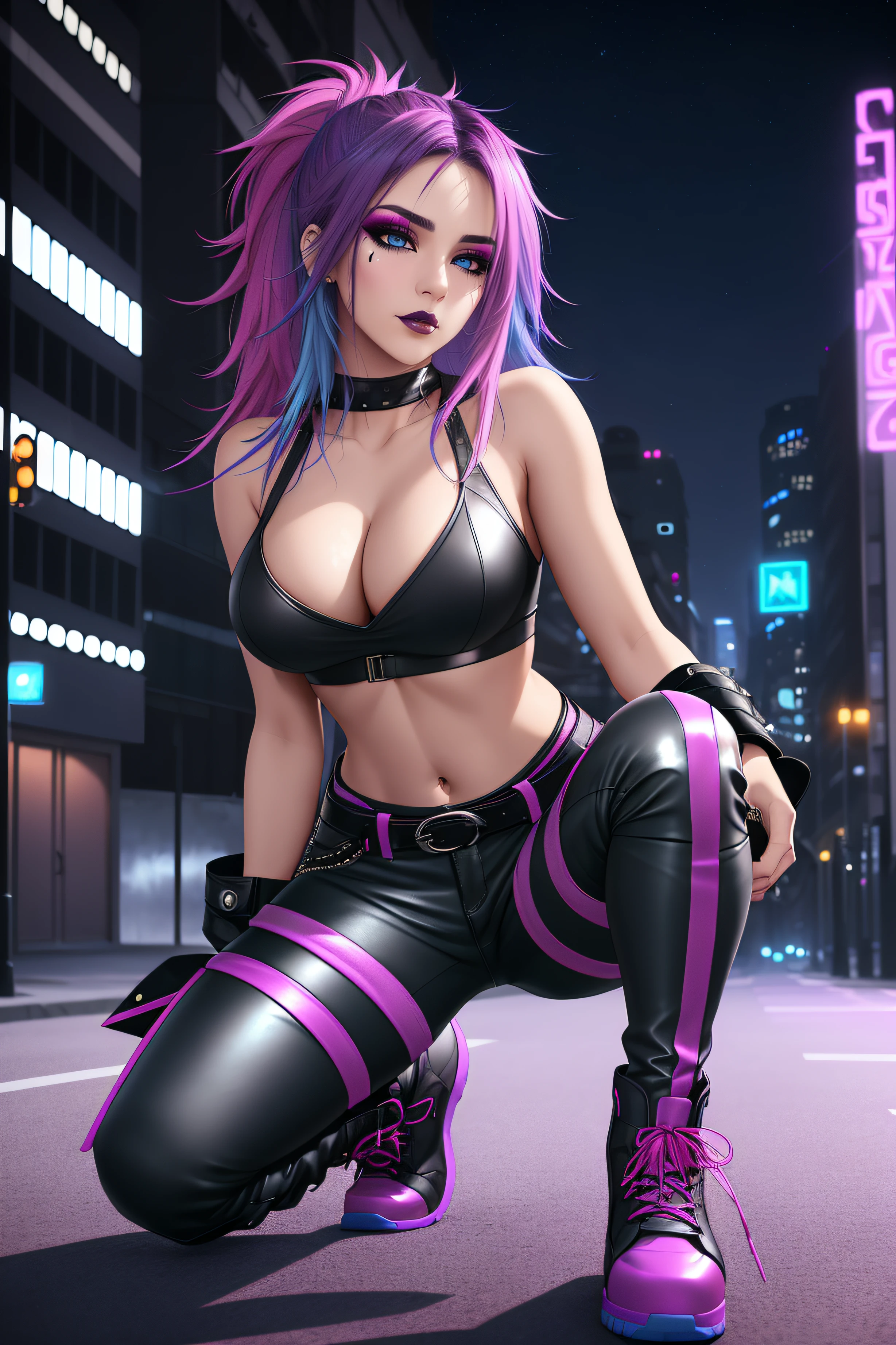 beautiful girl, full body, short bright blue and magenta streaked dishevelled hair, large blue piercing eyes, black eyeshadow, (street style wear:1.2), ((tight fitted pants)), ((knee high leather boots)), (city night background:1.2), dark makeup, digital art, trending on artstation, highly detailed, fine detail, intricate,  beautiful detailed glow, detailed, Cinematic light, high-res, detailed facial features, sharp focus, smooth, aesthetic,