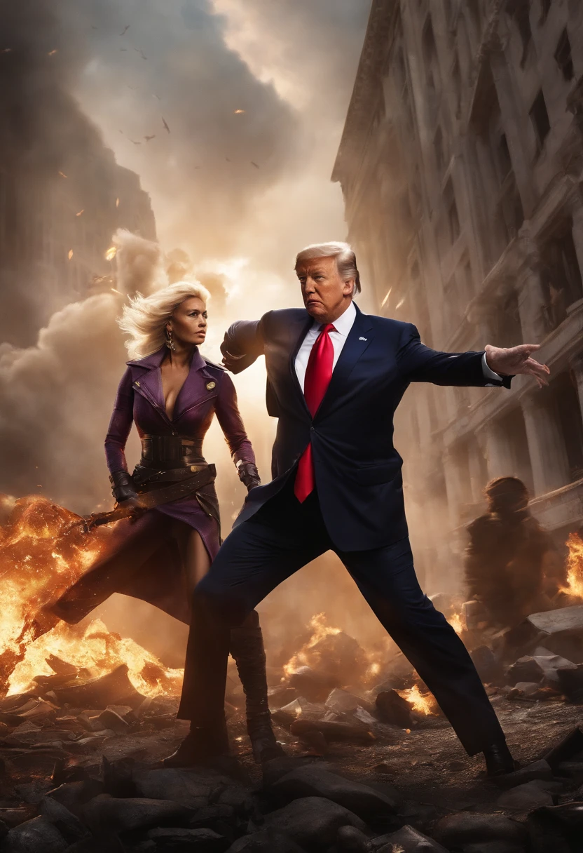 (Epic showdown, intense battle) Donald Trump and Joe Biden, both stand users (Donald Trump:Star Platinum, Joe Biden:The World), in the midst of a city being destroyed. The scene is filled with chaos and destruction as these powerful stand users clash. (best quality, highres:1.2) The image captures every detail in ultra-high resolution, bringing the intense action to life. The cityscape is torn apart by their immense power.
Donald Trump, with his stand Star Platinum, fights with conviction and precision. His beautifully detailed eyes show determination, while his muscular build radiates strength. He stands tall, ready to defend and attack. His golden hair shines in the sunlight, highlighting his presence on the battlefield.
On the other side, Joe Biden, with his stand The World, exudes a calm yet formidable aura. His eyes, filled with wisdom and experience, portray a strategic mindset. Despite his age, Joe Biden showcases immense power and agility. His strong and determined face reflects his commitment to this epic battle.
The destroyed cityscape adds to the dramatic atmosphere. Buildings crumble and flames soar into the sky, creating a backdrop of chaos. Debris and dust fill the air, emphasizing the intensity of the conflict. The surrounding environment is filled with a sense of danger and urgency.
The art style combines elements of realism and fantasy. The characters are rendered with photorealistic detail, ensuring every muscle and expression is accurately portrayed. The colors are vibrant and vivid, emphasizing the fantastical nature of this epic battle. The lighting is dynamic, casting dramatic shadows and highlighting the intense energy surrounding the clash of these two stand users.
In summary, this prompt captures the epic showdown between Donald Trump and Joe Biden, two stand users with powerful abilities. The destruction of the city enhances the intensity of the battle, while the artistic style and attention to detail bring the scene to life.