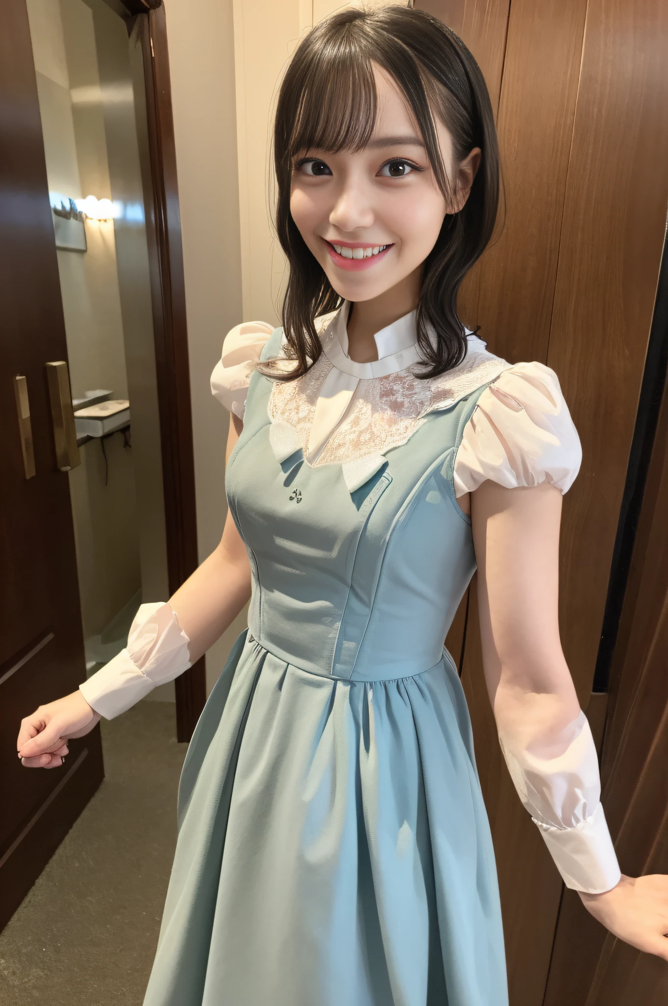 A woman in a blue dress is posing for a picture - SeaArt AI