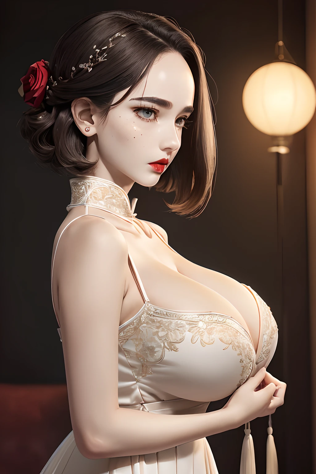 1girll,Solo,Long hair,Brown hair,view the viewer,Realistic,Pure ball fashion background,Brown eyes,dress,Bare shoulders,Upper body,Lips,parted lip,White dress,No shoulder strap,From the side Side,Looks to the side,Breasts,Masterpiece,Best quality,High quality,Face focus,vogue photography,(((short detailed hair))))((Ballet))))(((Emotional movement))))Comb the hair on one side,Transparent top,((Strangling feeling)),dual horsetail(((Emotive expressions, (((gigantic cleavage breasts,))), ))))model posing ,Lace,((((Forehead))))in a colorful fantasy realism style, kawaii art, yanjun cheng, Glowing portrait, Realistic hyper-detail, cute cartoon design, dollcore,Forehead, Asymmetrical hair, alternate hairstyle, hair slicked back, diagonal bangs, Blunt bangs, sweeping bangs, (((Moles under eyes))),,What impressed her the most was the mole under her eyes,The clothes are gorgeous and intricate,The background is complex and cumbersome,,8K,a sense of atmosphere,cabelos preto e longos,on cheongsam,Show your figure,Red lip stain,Hairpins hang gorgeously,Roses bloom,Excellent figure,The proportions of the body and head are coordinated,独奏((((校服)))),a deep green pleated skirt,