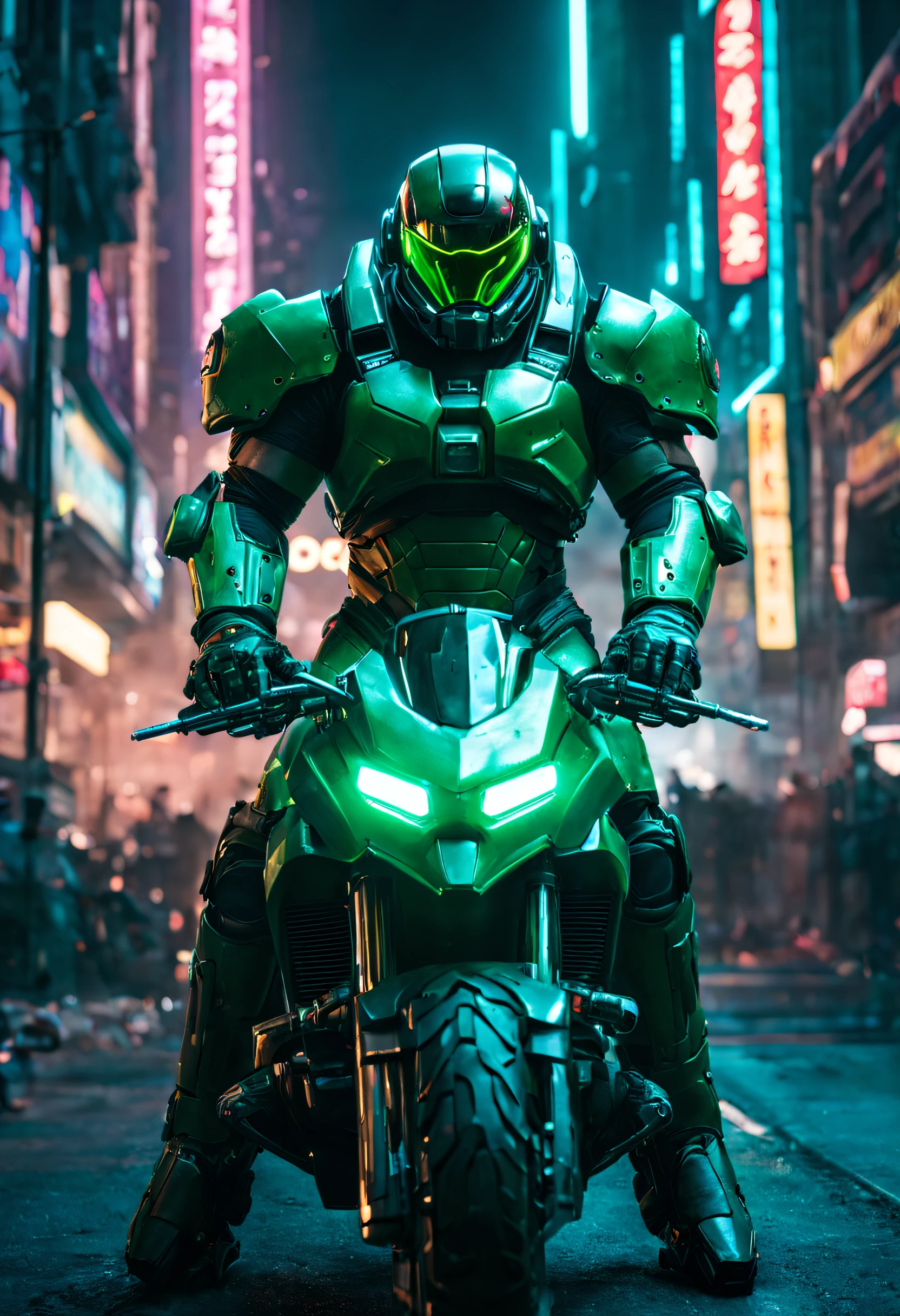 (photo portrait of (Doomguy:1.4) (riding a motorcycle, in futuristic outfit:1.2)), (Doomguy riding a motorcycle:1.1), (looking at the camera:1.1), (looking at the viewer:1.1), dramatic lighting, ((mechanical prosthetics, robot hands)), action pose, (motorcycle), BREAK, dynamic, vibrant, action-packed, detailed character design, (professional photo of Doomguy:1.2), (extremely detailed Doomguy face:1.4), (Doomguy riding a motorcycle:1.3), 1 man, cyberpunk clothing, cyberpunk, (cyberpunk background:1.2), (extremely detailed cyberpunk background:1.3), extremely detailed background, cyberpunk body modification, cyberpunk 2077 body modification, (neon city background), cyberpunk suit, robot, science fiction, solo, full body, wires and cables, sharp focus, natural lighting, cyberpunk reimagined, neon lights, action pose, colorful, bright colors, science fiction, a dystopian cyberpunk city, neon, cyberpunk 2077, (cyberpunk 2077 cityscape), art by Masamune Shirow,soft neon light, cinematic, vivid details, robotic bionic features, (masterpiece, hyperrealistic, best quality:1.2), official art, extremely detailed CG unity 8k wallpaper, detailed background, best quality, expressive eyes, perfect face, perfect eyes, perfect anatomy, extremely detailed eyes and face, looking at viewer, detailed background, detailed clothes, cinematic lighting, beautiful 8k, masterpiece, best quality, high quality, hdr, photography by cosmicwonder, high definition, symmetrical face, volumetric lighting, 24mm, 4k, DSLR, high quality, ultra realistic,