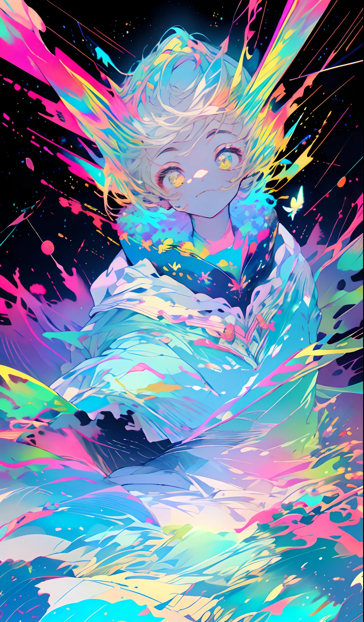 Cute iridescent round monster in space、Iridescent grass々Drawing a butterfly flying over the water, Looking up at the starry sky. Surround her with colorful nebulae and colorful forests.