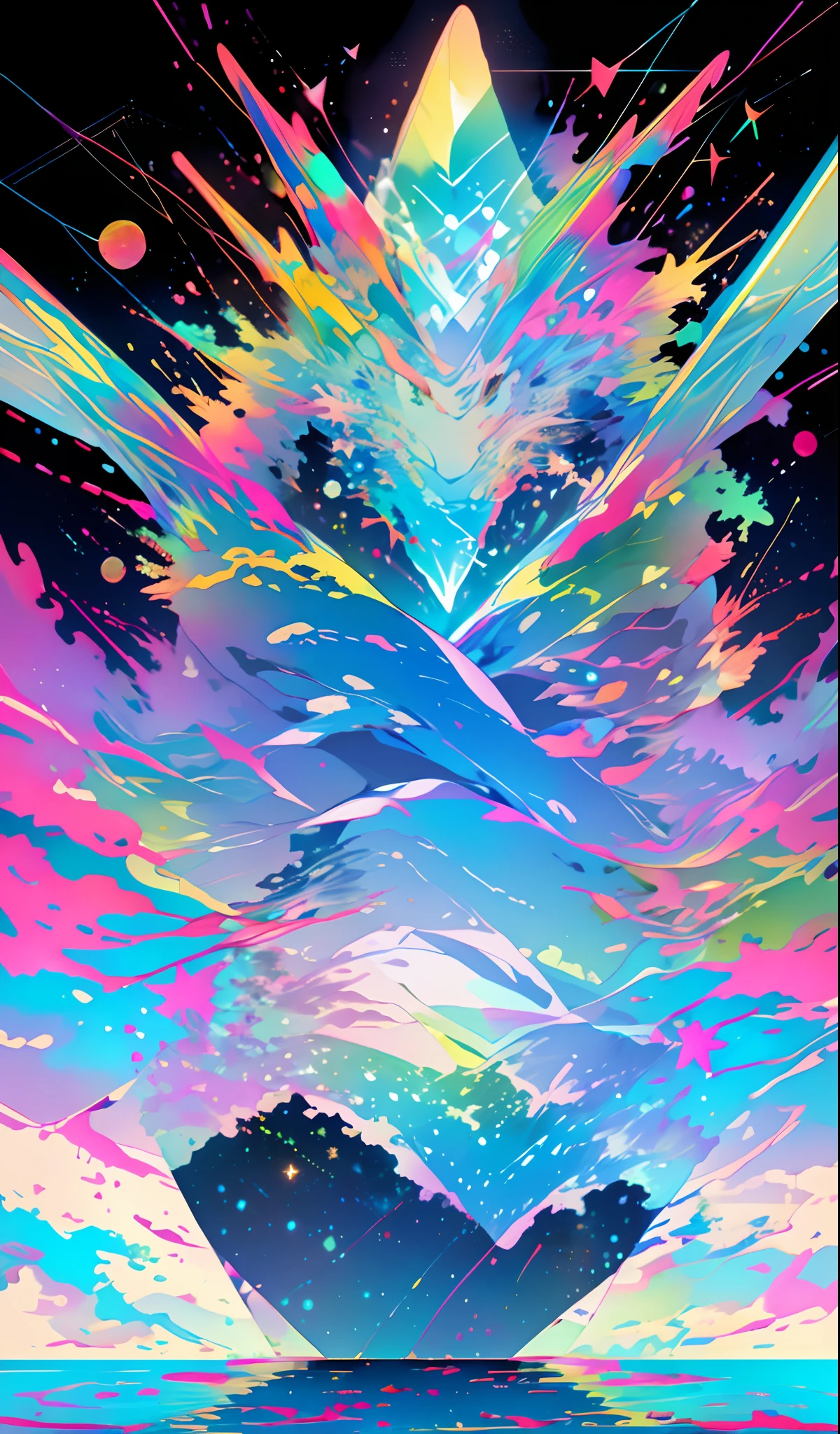 Cute iridescent round monster in space、Iridescent grass々Drawing a butterfly flying over the water, Looking up at the starry sky. Surround her with colorful nebulae and colorful forests.