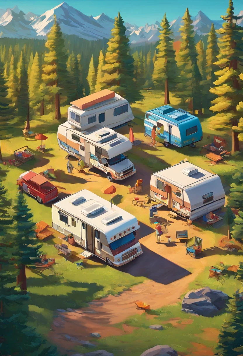 RV camping,Pop art,Albert Bierstadt,Great outdoor activities,Close-up shot,prime time,