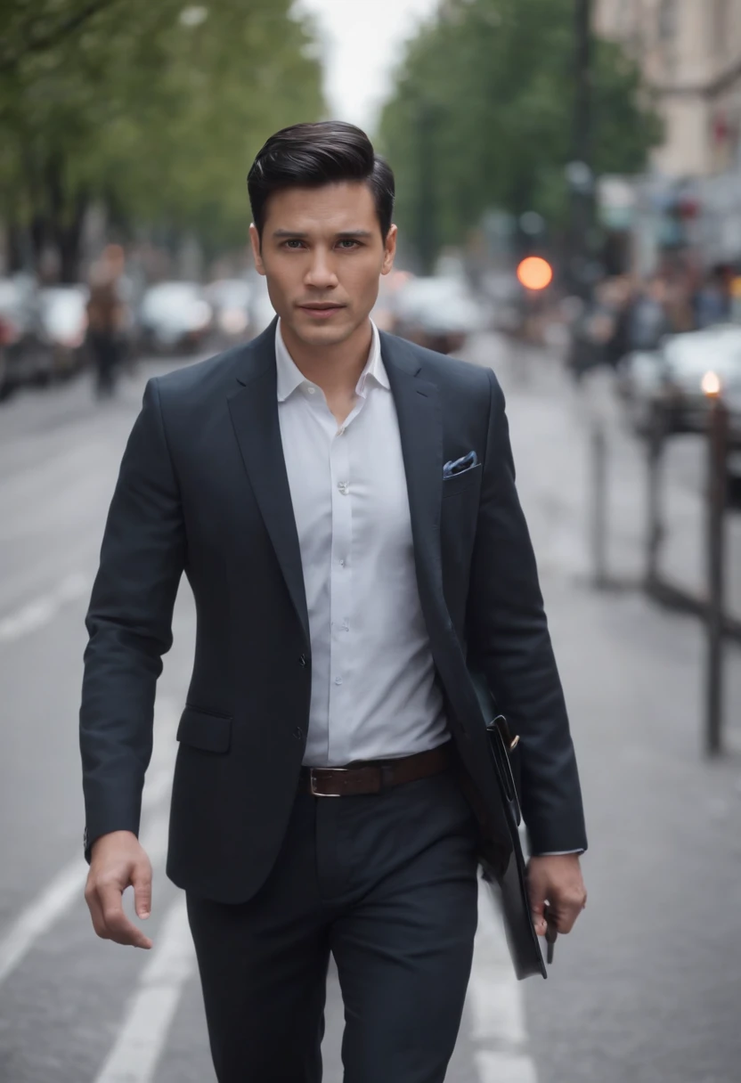 one business man walking on the road in the city , short black hair