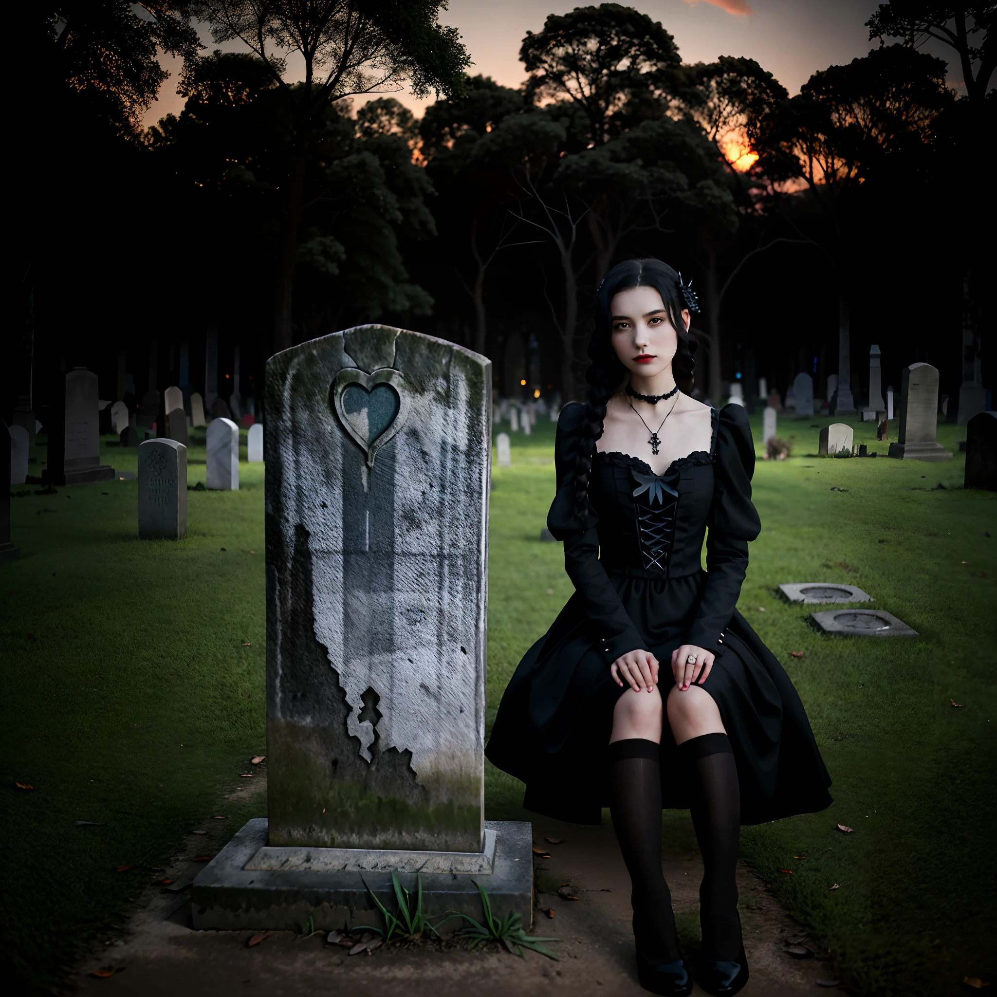 a girl sitting on a tombstone alone in a cemetery, wearing a black dress and a gothic style, with vampire teeth