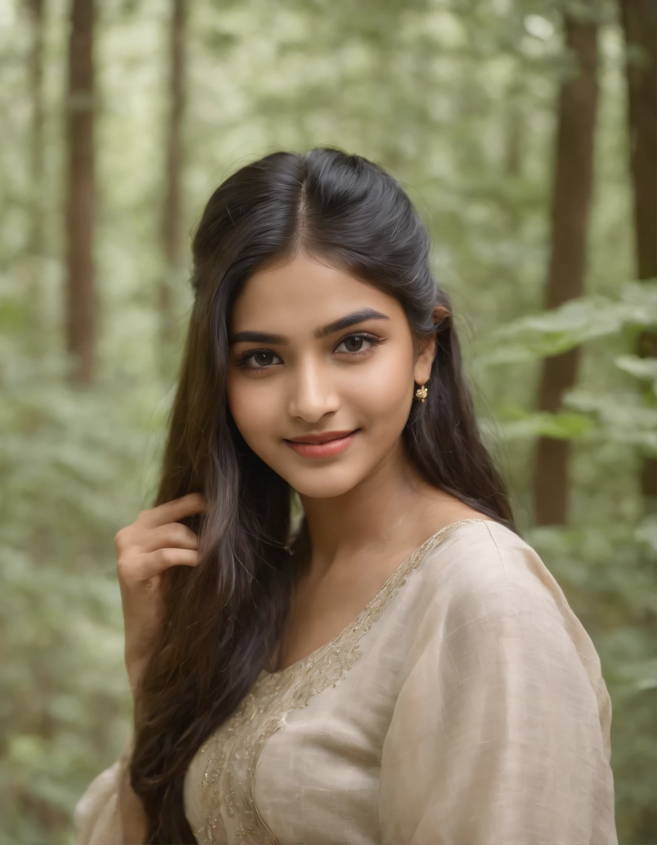 A 20 year old indian girl model inspired by korean face, cute smile, photoshoot, forest background, salwar suit, dreadlock hairstyle