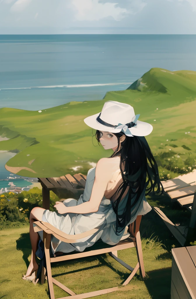 The woman sits in a chair, Back shadow,Bare back, landscape, Light particles, Light rays, side-lighting, White skin of the,With a hat on,looking at the distance, Overlooking the sea, Good view, looking at the ocean, Looking into the distance, looking at the ocean, wearing a travel hat, looking at the ocean