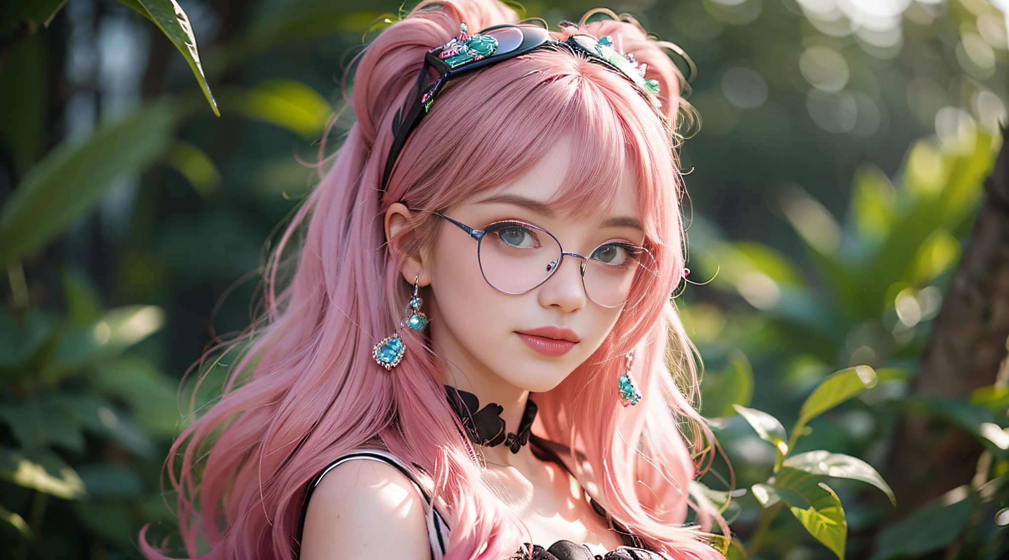 A beautiful woman,All over the body，Long pink hair, Green eyes, Pink glasses wearing a costume of Barbie surreal doll, 8K, Super detail，ssmile，Clothes are conservative