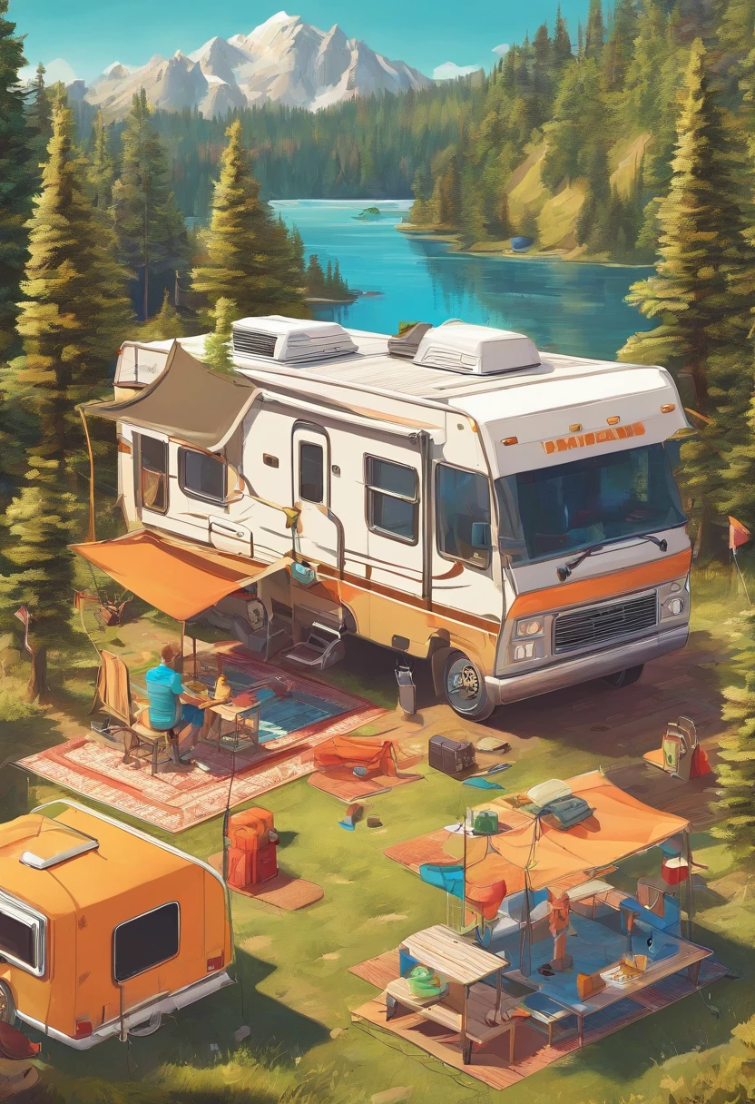 RV camping,Pop art,Albert Bierstadt,Great outdoor activities,Close-up shot,prime time,