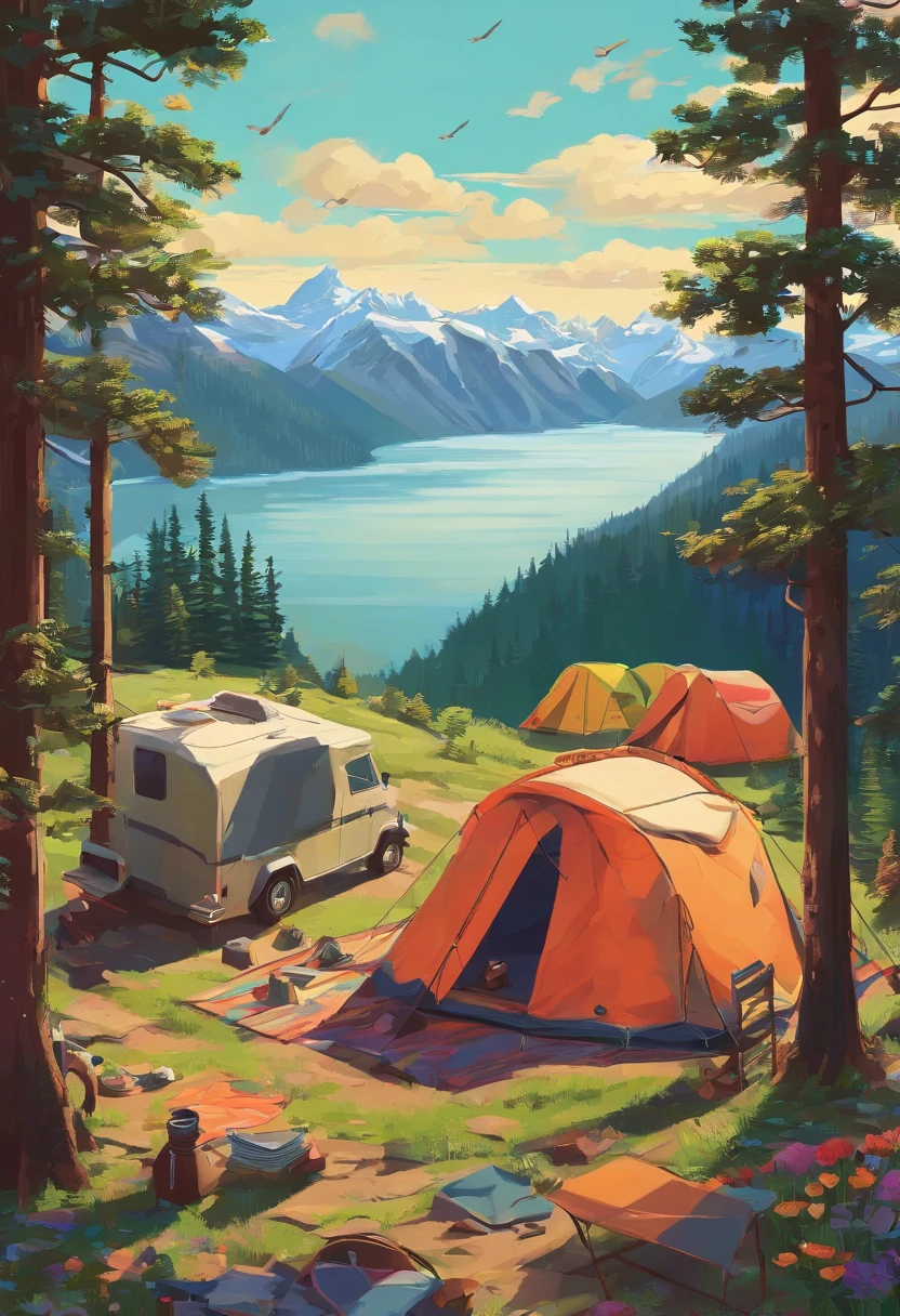 RV camping，Pop art，Albert Bierstadt，Great outdoor activities，Close-up shot，prime time，
