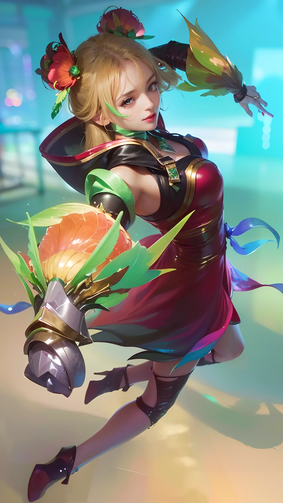 young girl, short blonde hair, Fox ears, violet eyes, long chinese skirt, green chinese tight top, open belly, smirk, Masterpiece, hiquality