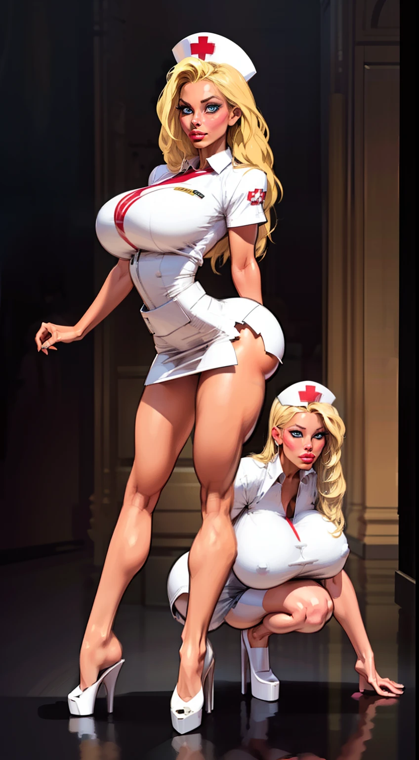 full body view, beautiful,A person prostrated on the ground, their knees and forearms bearing the weight of their body,((masterpiece:1.2)), ((best quality:1.2)), (large ass;1.5), perfect lighting, 2 blonde girl in a nightclub, wearing nurses uniform, 2 women pressing their brests, nurse hat, skirts, 2 girl, perfect eyes, perfect face, slender face, delicate face, tall, ((huge breasts)), (full bodied), wide hips, (fake lips:1.5), blue eyes, blonde hair, long hair, (((standing on pedestal)))