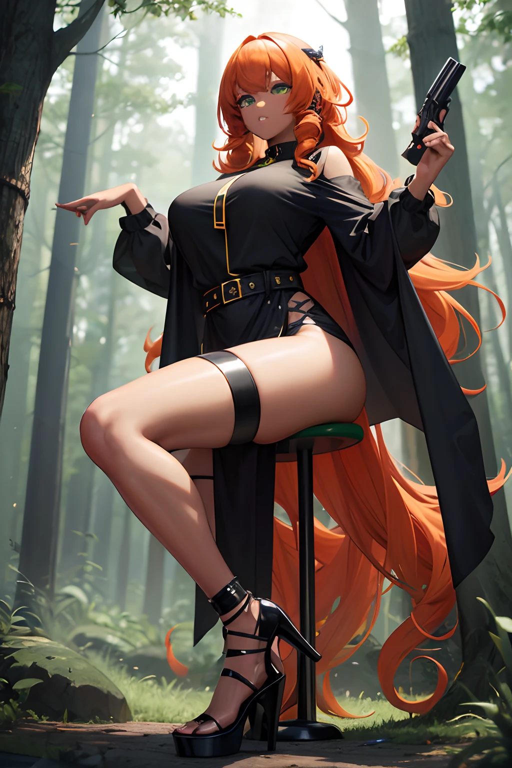 black woman, dark skin, brown skin, not pale, not white, only brown skin, only black, no light skin pretty, with long curly hair, very long hair, curly long orange hair, orange hair, very curvy body, fat, thick, round, shapely, sexy body, big chest, big butt. chubby. not skinny, wild eyes, green eyes, bright green eyes, and a black shirt, mariko, fully dressed, modest dress, sexy modest, pixiv 3dcg, ig studios anime style, anime style 4 k, anime yandere artstyle, official artwork, expressing joy. dominant, solarpunk anime art, solar punk city, pixiv style, digital anime illustration, trending on artstation pixiv, kda, gta, evil, holding a knife, holding a gun, holster on waist, holding a weapon, platform heels, tall shoes, sexy outfit, black clothes sitting in a tree, forest backdrop