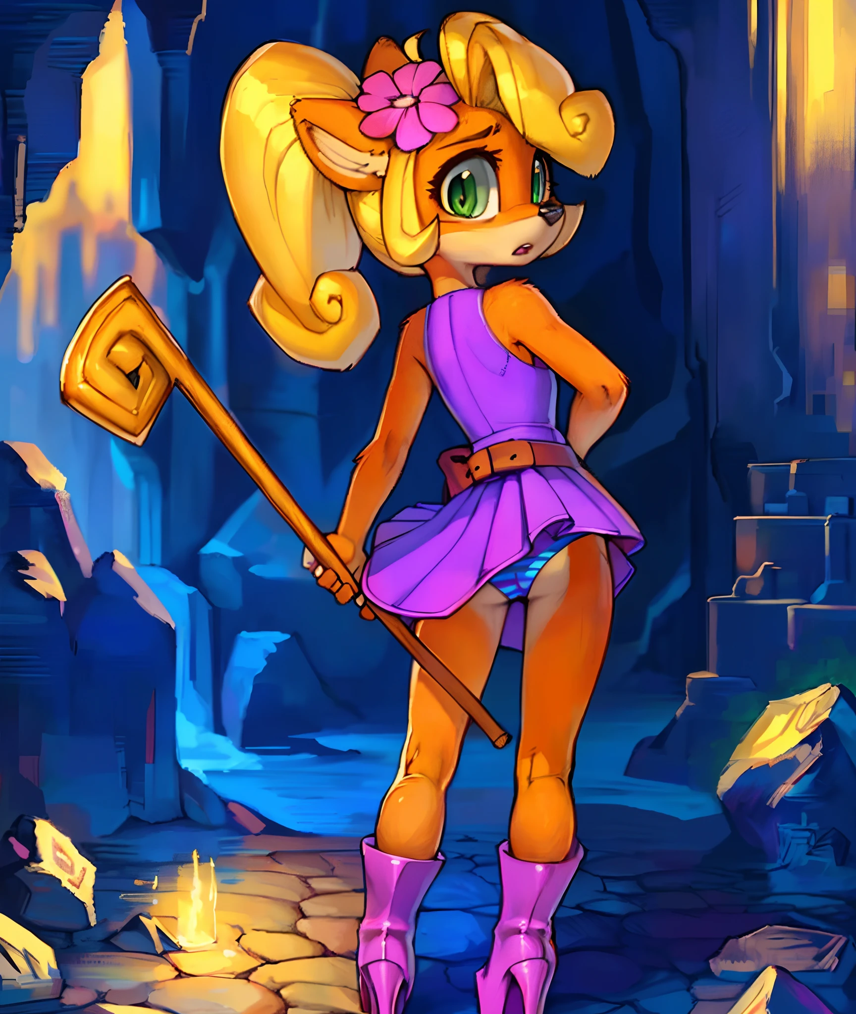 [Coco bandicoot], [Uploaded to e621.net; (Pixelsketcher), (wamudraws)], ((masterpiece)), ((high quality)), ((HD)), ((D&D)), ((mystical)), ((solo portrait)), ((full body)), ((back view)), ((furry; anthro)), ((detailed fur)), ((detailed shading)), ((beautiful render art)), ((shoes visible)), ((intricate details)), {anthro; (slim figure), orange fur, black nose, (cute green surprised eyes), (short eyelashes), long blonde curly hair, (curly ponytail), (curly bang), (beautiful legs), (surprised)}, {(pink flower in hair), (short purple dress), (upskirt striped panties), (black belt), (pink boots), (heels)}, {(standing), (holding staff), (looking back)}, [background; (cave), (surrounded by magic), (ambient lighting)]