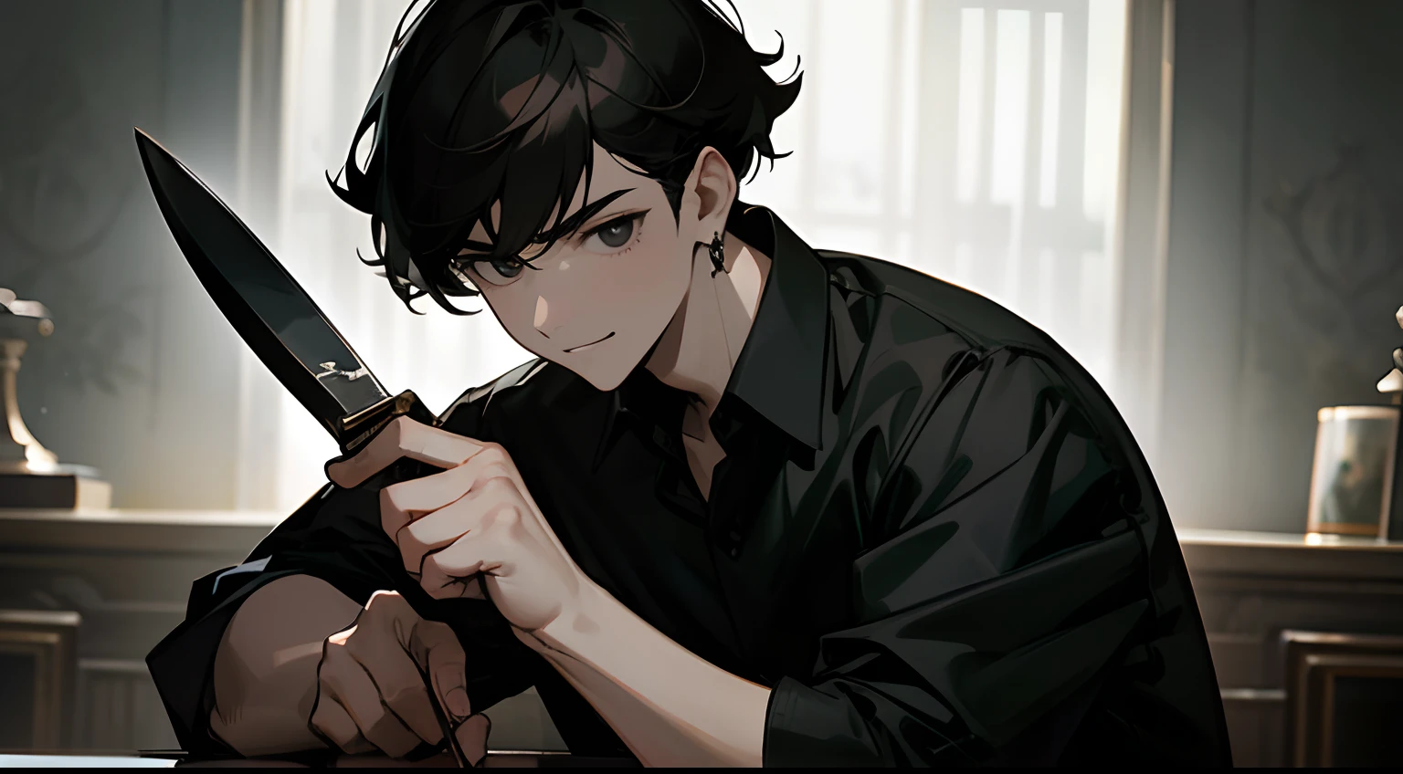 Young man with a brooding face、Dark hair、Black eyes、Y shirt、Luxurious room、Dark smile、Hold the knife、