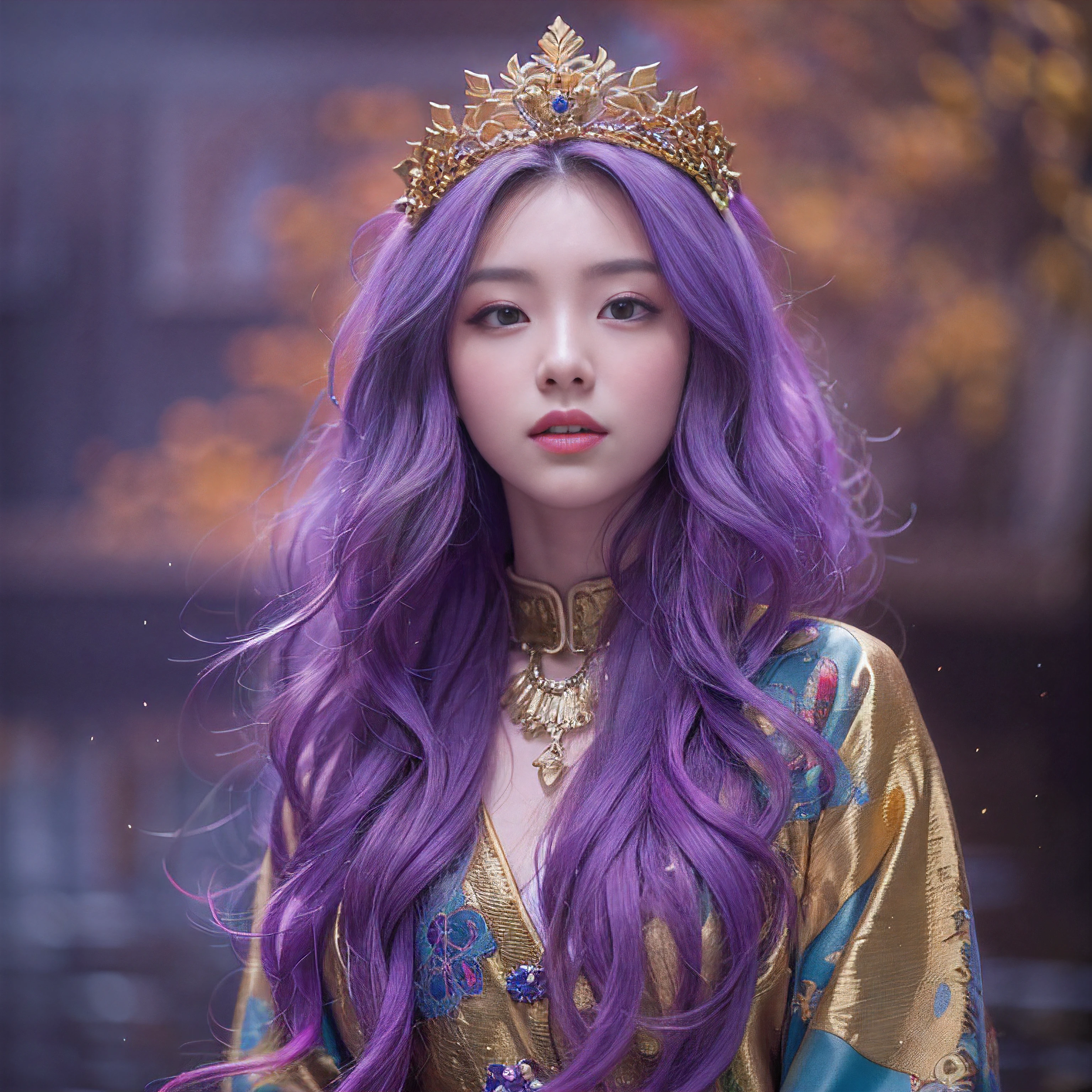 Genki Girl 32K（tmasterpiece，k hd，hyper HD，32K）Long flowing bright purple hair，Autumn Pond，zydink， a color， Asian people （Genki girl）， （Silk scarf）， Combat posture， looking at the ground， long whitr hair， Floating bright purple， Fire cloud pattern gold tiara， Chinese long-sleeved gold silk garment， （Abstract metaverse splash：1.2）， white backgrounid，Lotus vitality protector（realisticlying：1.4），Bright purple hair，Smoke on the road，The background is pure， A high resolution， the detail， RAW photogr， Sharp Re， Nikon D850 Film Stock Photo by Jefferies Lee 4 Kodak Portra 400 Camera F1.6 shots, Rich colors, ultra-realistic vivid textures, Dramatic lighting, Unreal Engine Art Station Trend, cinestir 800，A girl with long flowing bright purple hair