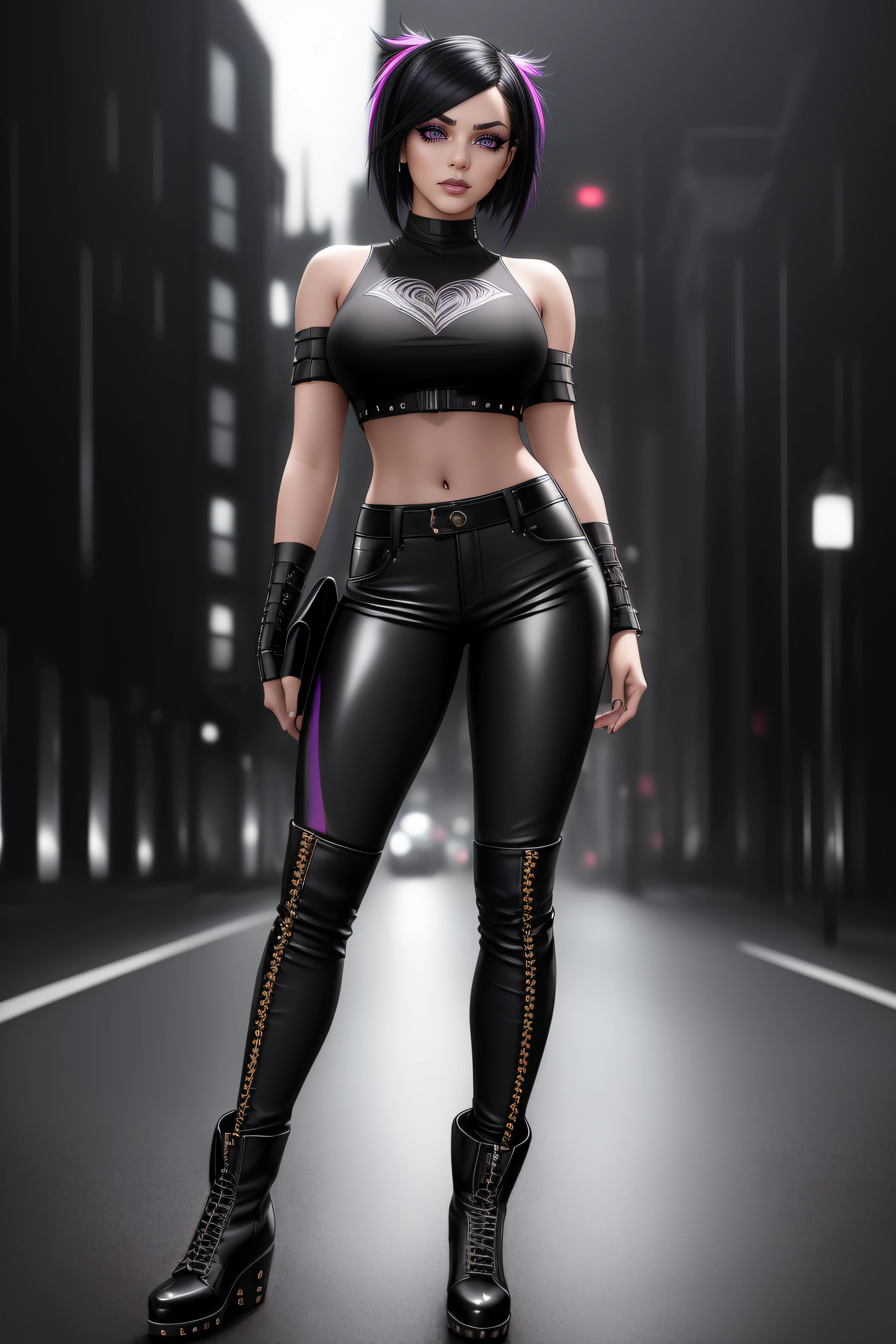 beautiful girl, ((standing:1.4)), (confident gaze:1.1), full body, short bright neon streaked black hair, ((realistic highly detailed eyes:1.4)), ((seductive pose:1.2)), black eyeshadow, (street style wear:1.2), ((tight fitted pants)), ((knee high leather boots)), (dark city night black background:1.4), dark makeup, digital art, trending on artstation, highly detailed, fine detail, intricate, detailed facial features, sharp focus, smooth, aesthetic,