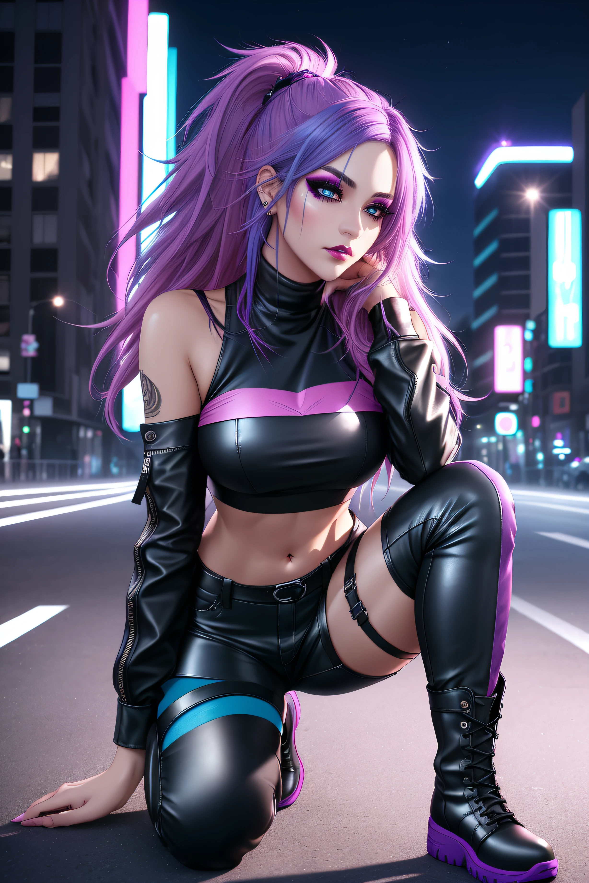 beautiful girl, full body, short bright blue and magenta streaked dishevelled hair, large blue piercing eyes, black eyeshadow, (street style wear:1.2), ((tight fitted pants)), ((knee high leather boots)), (city night background:1.2), dark makeup, digital art, trending on artstation, highly detailed, fine detail, intricate, beautiful detailed glow, detailed, Cinematic light, high-res, detailed facial features, sharp focus, smooth, aesthetic,
