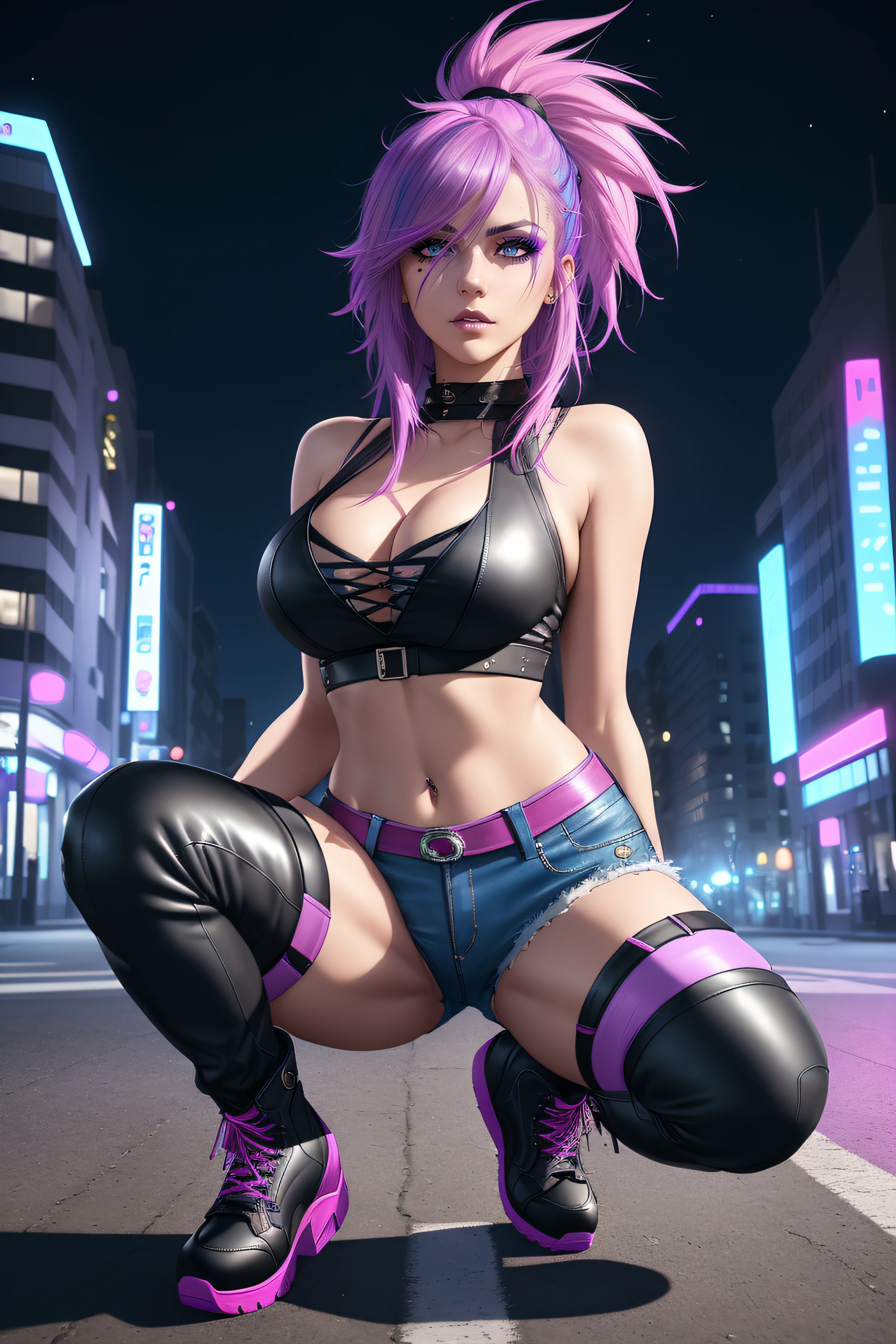 beautiful girl, full body, short bright blue and magenta streaked dishevelled hair, large blue piercing eyes, black eyeshadow, (street style wear:1.2), ((tight fitted pants)), ((knee high leather boots)), (city night background:1.2), dark makeup, digital art, trending on artstation, highly detailed, fine detail, intricate,  beautiful detailed glow, detailed, Cinematic light, high-res, detailed facial features, sharp focus, smooth, aesthetic,