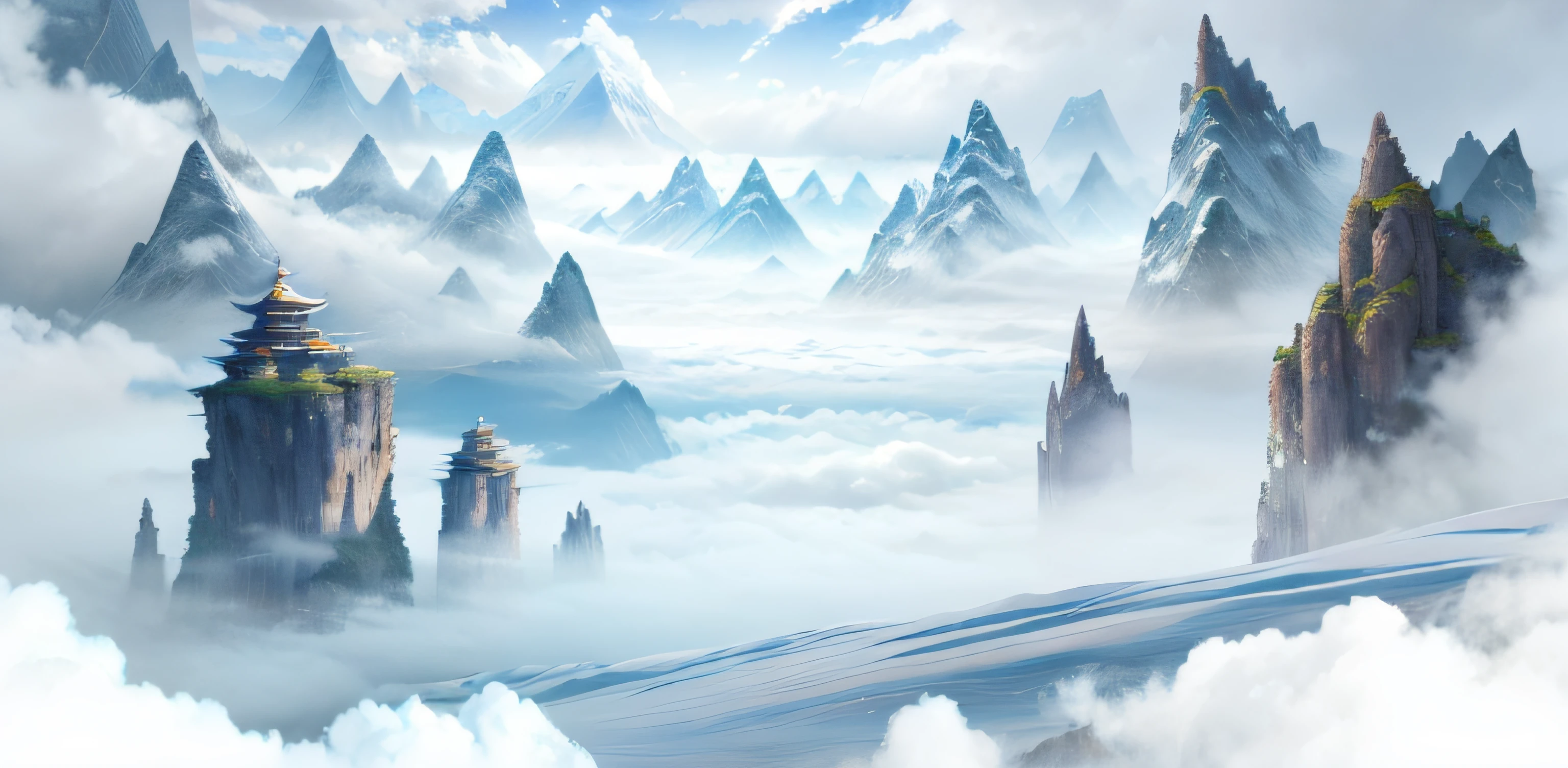 There is a picture of mountains with the sky as a background, avatar landscape, Anime landscape, anime landscape wallpapers, floating lands in-clouds, Floating mountains, Detailed scenery —width 672, xianxia fantasy, misty mountains, Mist, lie on white clouds fairyland, epic dreamlike fantasy landscape, Anime Cloud, beautiful anime scenery, ethereal landscape