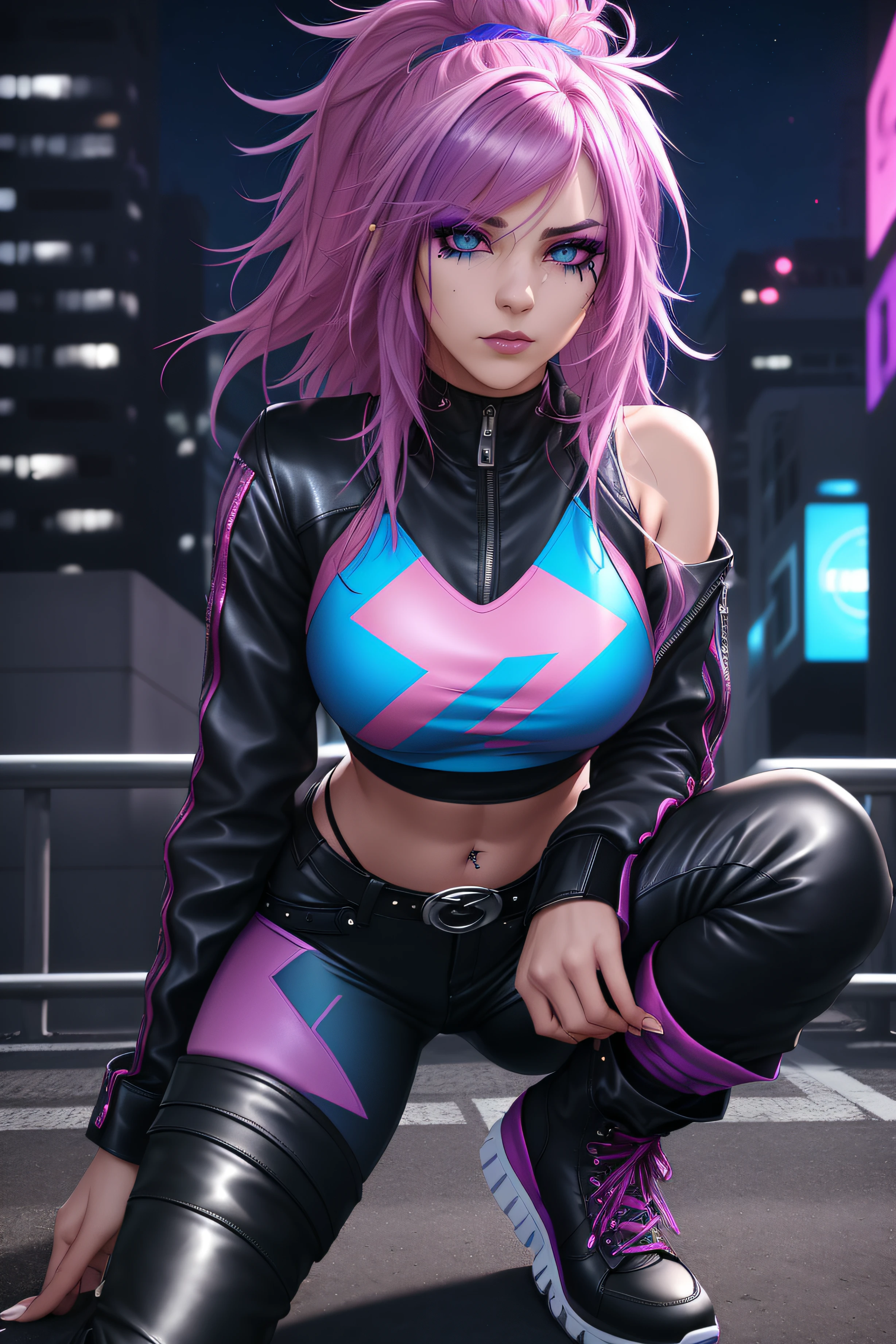 beautiful girl, full body, short bright blue and magenta streaked dishevelled hair, large blue piercing eyes, black eyeshadow, (street style wear:1.2), ((tight fitted pants)), ((knee high leather boots)), (city night background:1.2), dark makeup, digital art, trending on artstation, highly detailed, fine detail, intricate,  beautiful detailed glow, detailed, Cinematic light, high-res, detailed facial features, sharp focus, smooth, aesthetic,