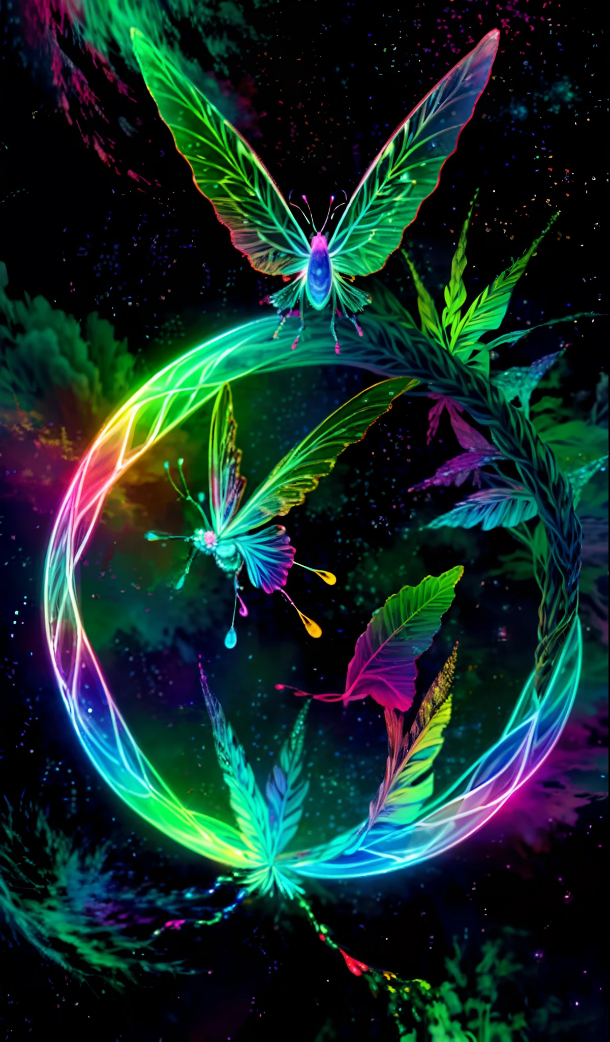 Cute iridescent round monster in space、Iridescent grass々Drawing a butterfly flying over the water, Looking up at the starry sky. Surround her with colorful nebulae and colorful forests.