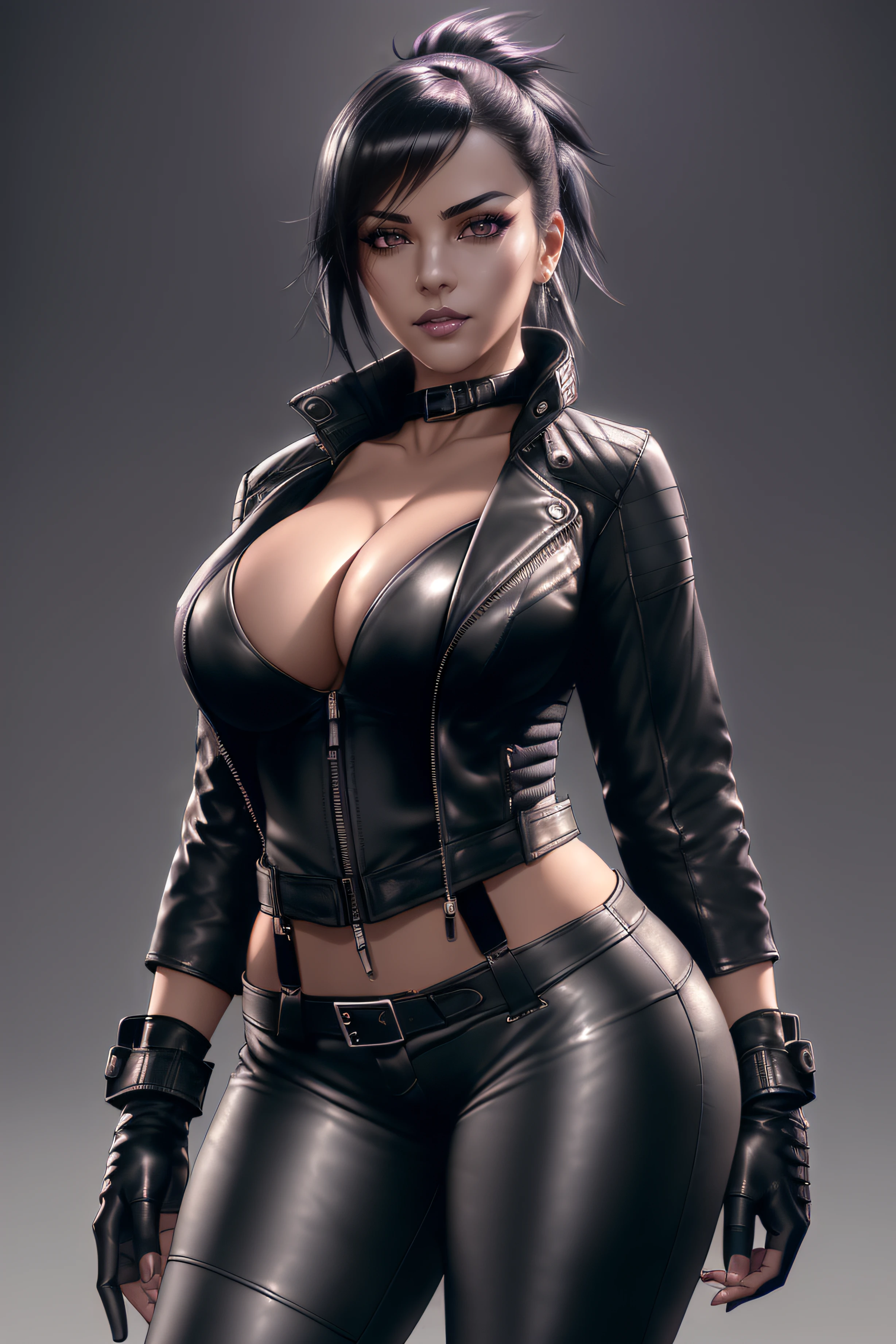 beautiful girl, ((standing:1.4)), (confident gaze:1.1), full body, short bright neon streaked black hair, ((large light realistic highly detailed eyes:1.4)), ((seductive pose:1.2)), black eyeshadow, (street style wear:1.2), ((deep cleavage:1.4)), ((wide hips:1.5)), ((leather jacket:1.4)), ((leather gloves:1.4)),((tight fitted pants)), ((knee high leather boots)), (dark city night black background:1.4), dark makeup, digital art, trending on artstation, highly detailed, fine detail, intricate, beautiful detailed glow, detailed, Cinematic light, high-res, detailed facial features, sharp focus, smooth, aesthetic,