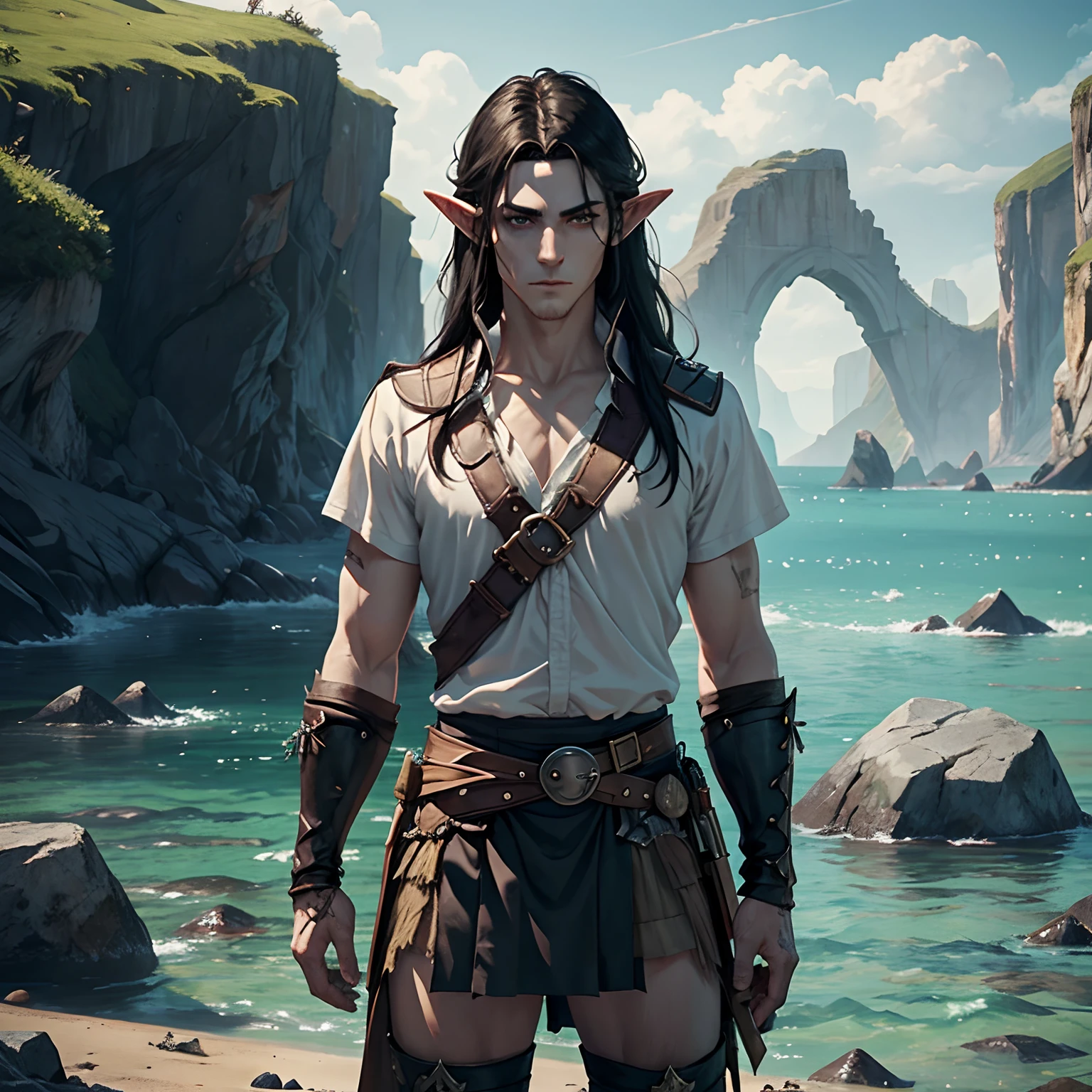 Lonely male elf. a pirate. ah high. pale skin. Long black hair. A manly face. scar on face. without a beard. white shirt. leather armour. Long knee-length kilt. Bone Dagger. stands. On the shore of the island