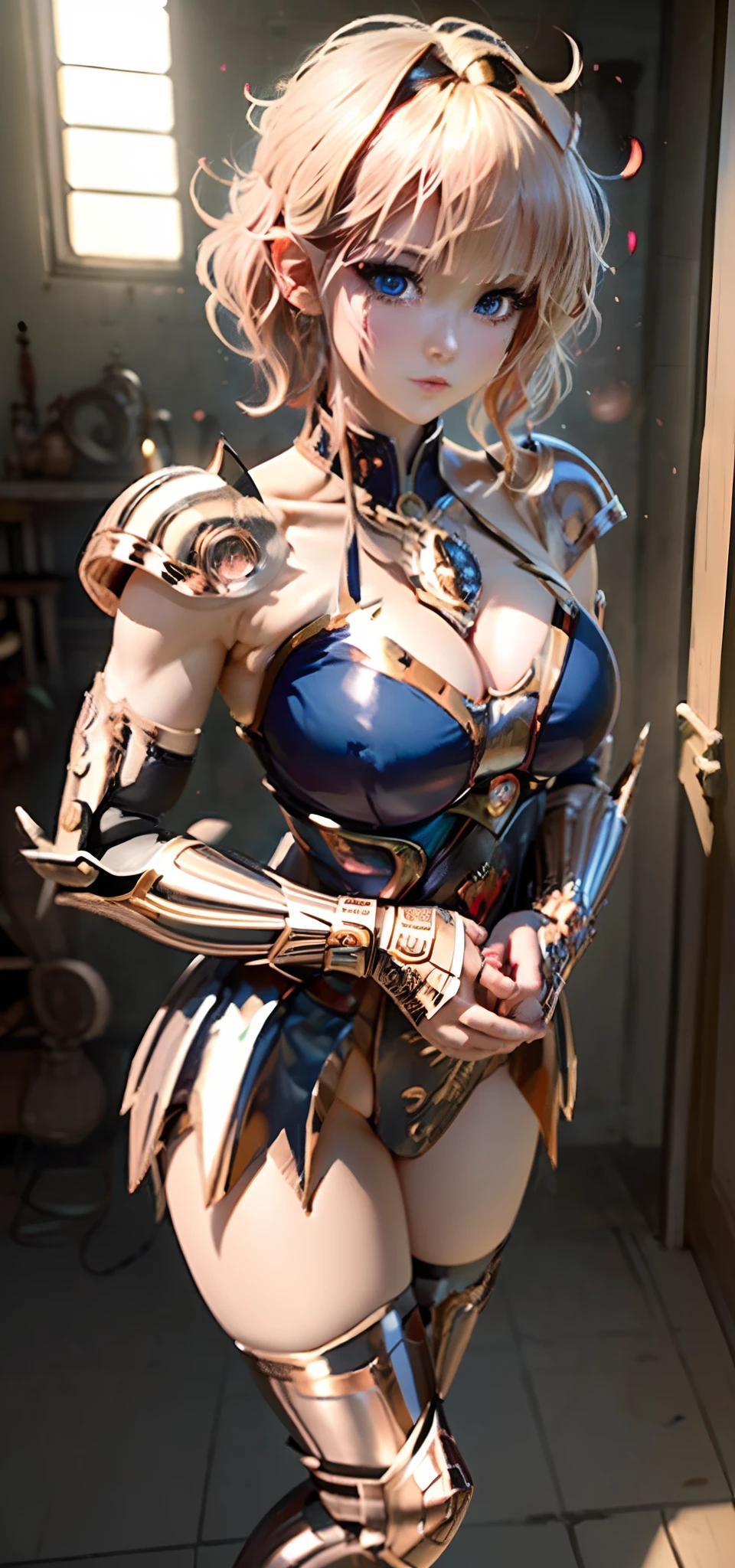 (( (tmasterpiece),(Very detailed CG Unity 8K wallpaper),best qualtiy,cinmatic lighting,细致背景,beatiful detailed eyes,Bright pupils,(Very fine and beautiful),(Beautiful and detailed eyes description),ultra - detailed,tmasterpiece,hight resolution)), Curly, (Rose gold armor:1.4), Richly decorated armor, a beautiful woman warrior, (a pixie cut:1.4, Platinum Blonde Hair), cleavage of the breast