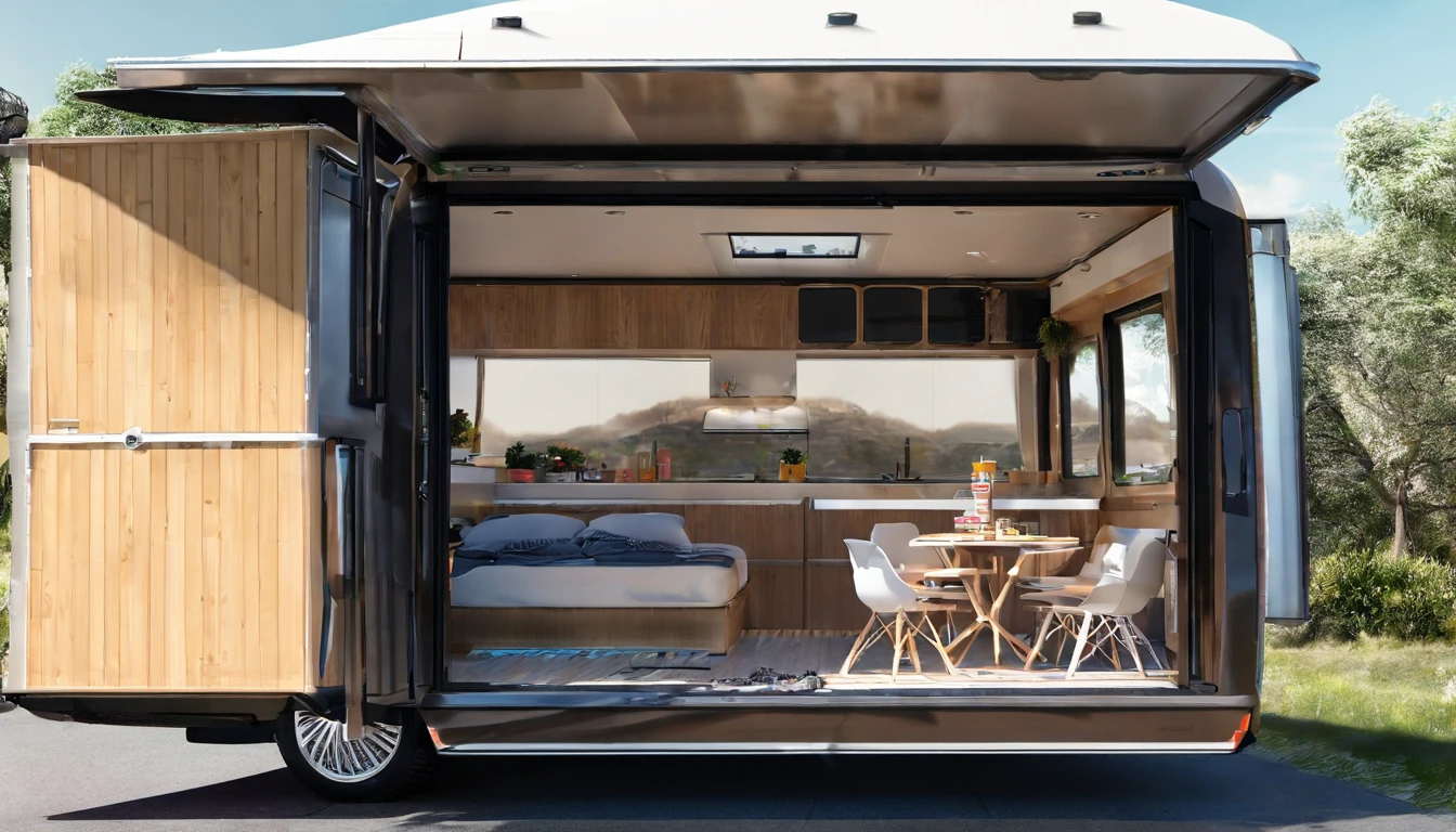 (A motorhome towing a yacht:1.5), Every camper, An RV, Every camper ::, There was a female driver in the car::, The driver is a female driver, There were two boys in the car, Realistic ::,,mechanical structure,,full bodyesbian,bird's eyes view,Aerial view,rays of shimmering light, --AR 9:16 --V 5.1 --Original style -