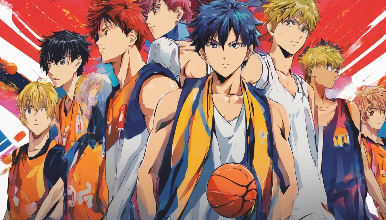 Poster of a group of basketball players standing side by side, shounen jump, anime image, An anime cover