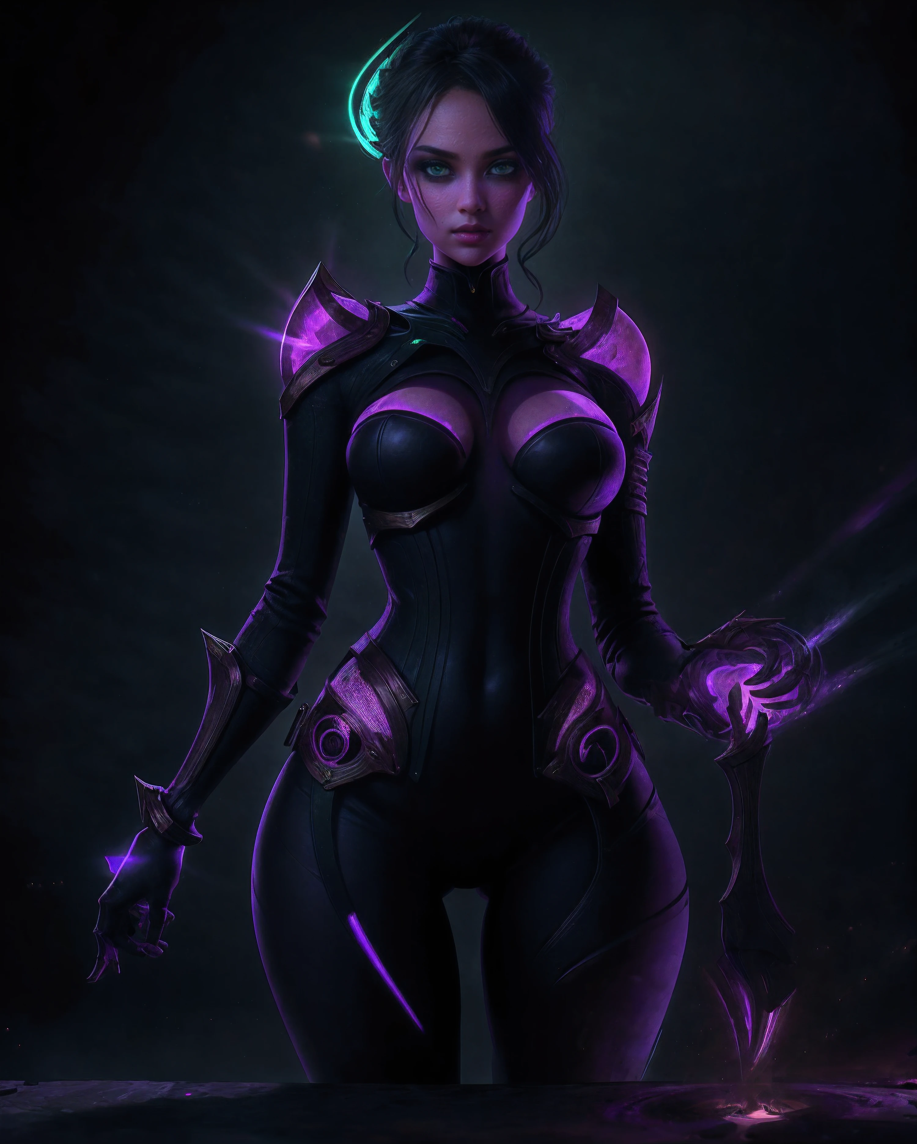 sexy girl with green eyes, thigh gap, Violet luminous rays, dark fantasy portrait, Side Shot, (Cheeky face), realistic 4k digital art, (Gloomy color scheme:1.5)