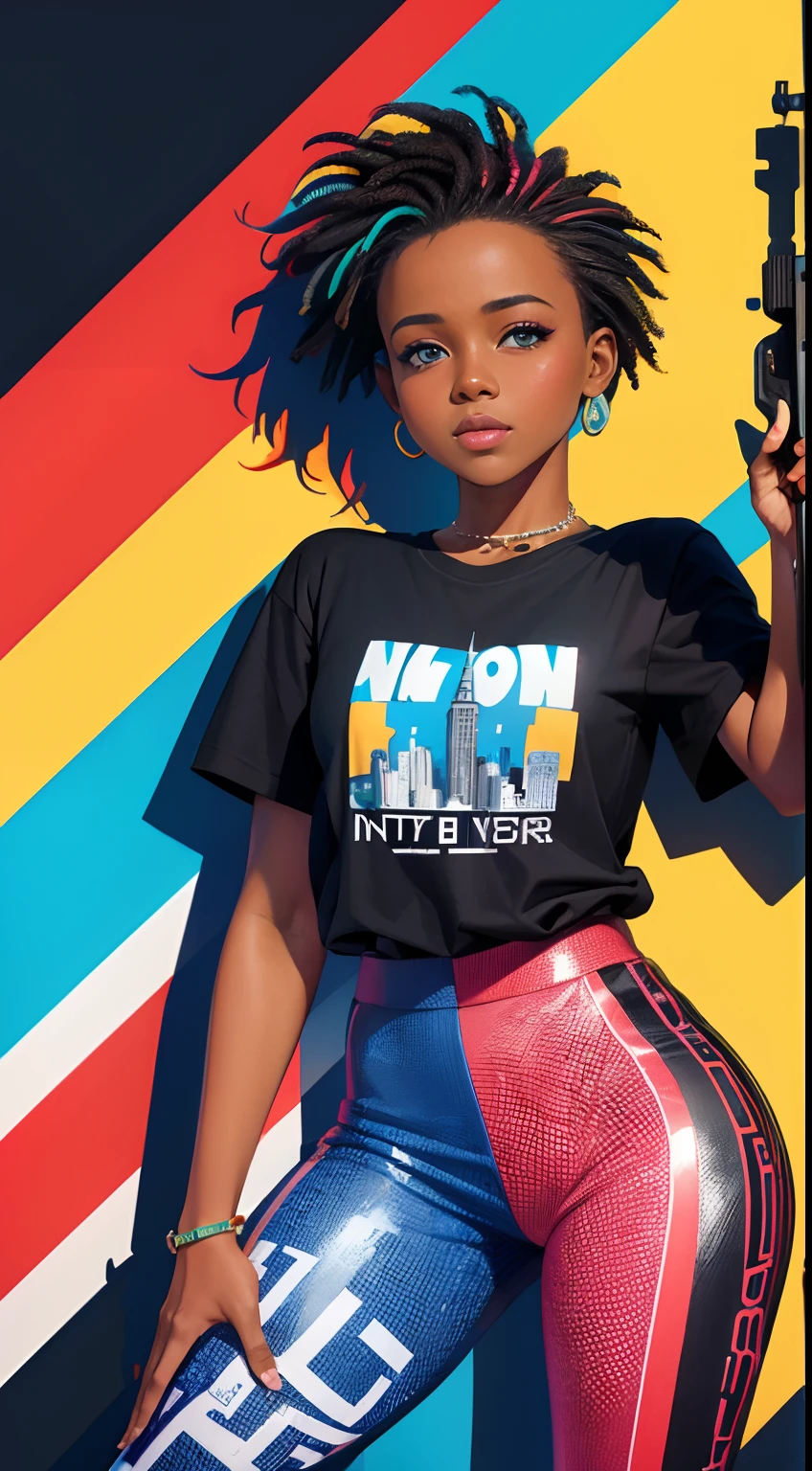 New York City centered, isometric, vector t-shirt art ready to print highly detailed colourful graffiti illustration of 25-year-old Lupita Nyong'o, wearing military outfit, holding rifle, face highly detailed, vibrant color, high detail