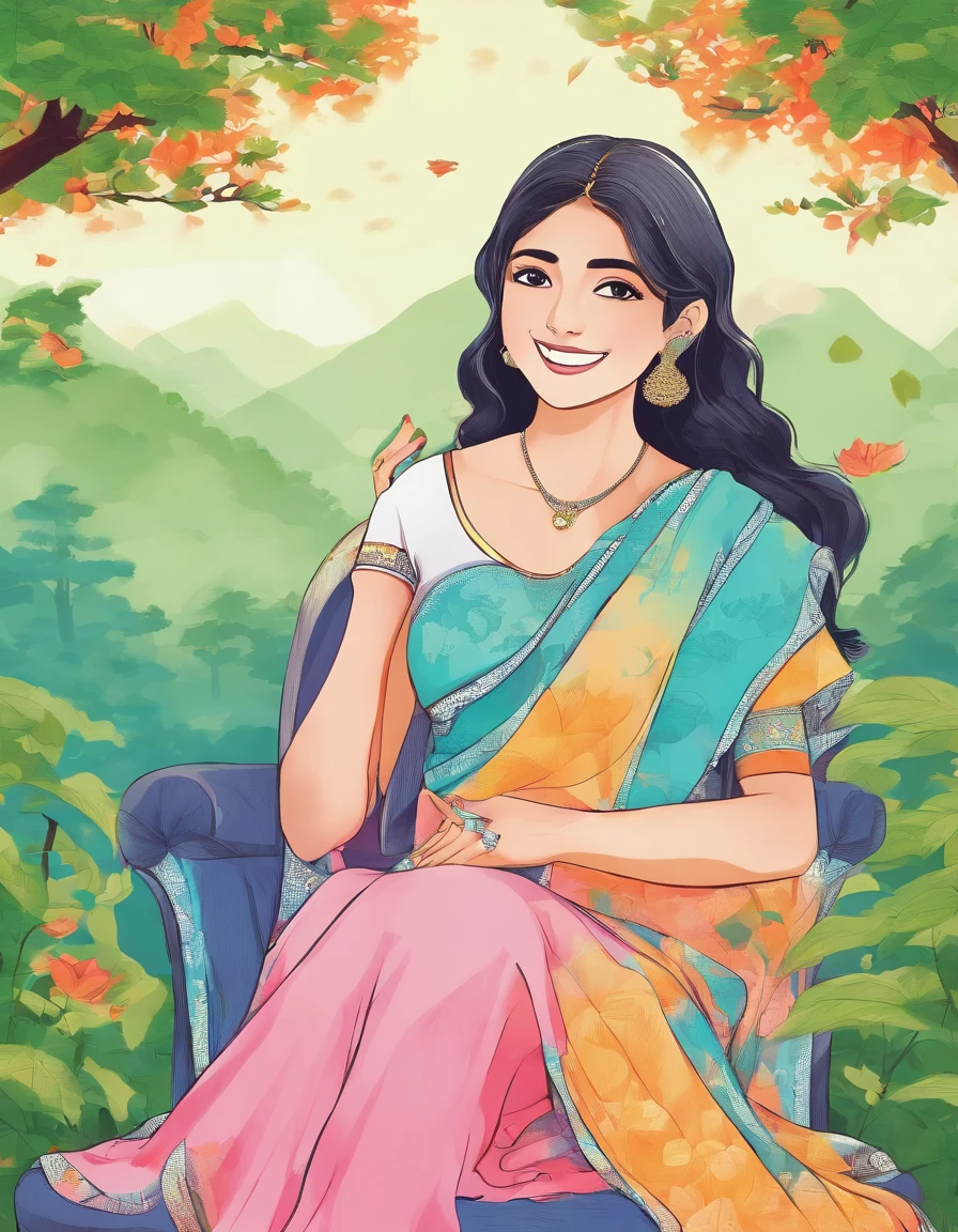 A 20 year old indian girl model inspired by korean face, cute smile, photoshoot, forest background, wearing saree, sitting on chair, and grab a tea on hand with her husband