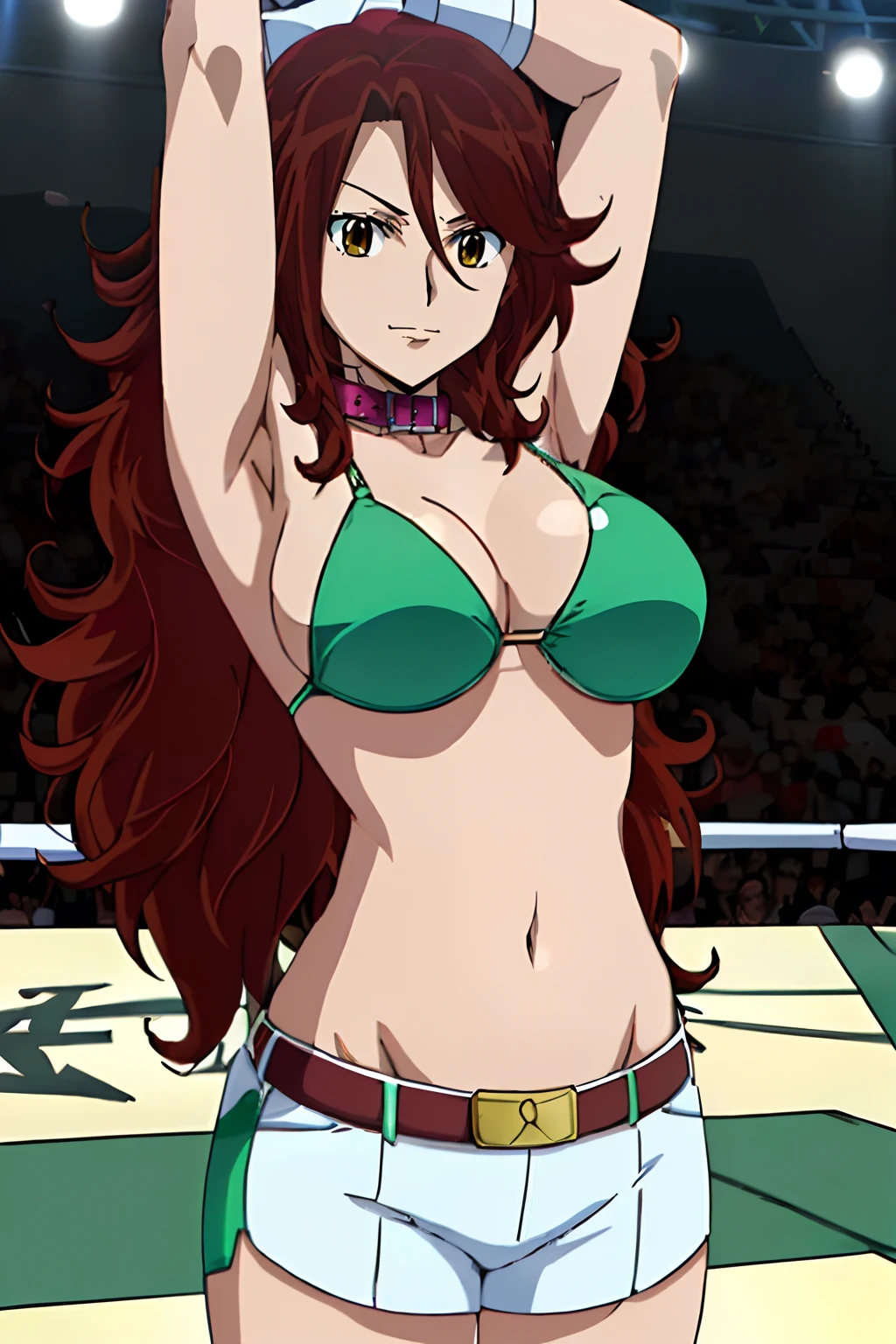 curvy midsection, solo, 1 girl, female wrestler, smile, stretching ), (detailed titration screen, upper body only, anime style: 1.8, anime drawing, ultra detailed face, ultra detailed body, 4k, Sumergai Lee Noriega, (standing), best quality, anime style, hires, highest definition, digital blending, bold drawing lines, ((wwe diva), ((location: wrestling arena, crowds watching)), ( pro female wrestler, slim body, (strong biceps), broad shoulders , off-shoulders, closed fists, (very curvy: 2.8)), ((elegant bikini , shorts, white gloves, collar, arm band, (champion belt))), (pale skin, very big breasts, closed mouth, teeth), (big eyes, brown eyes, shiny eyes), (), (reddish hair, loose hair, curly hair, wavy hair, long hair, missy hair), 27 years old