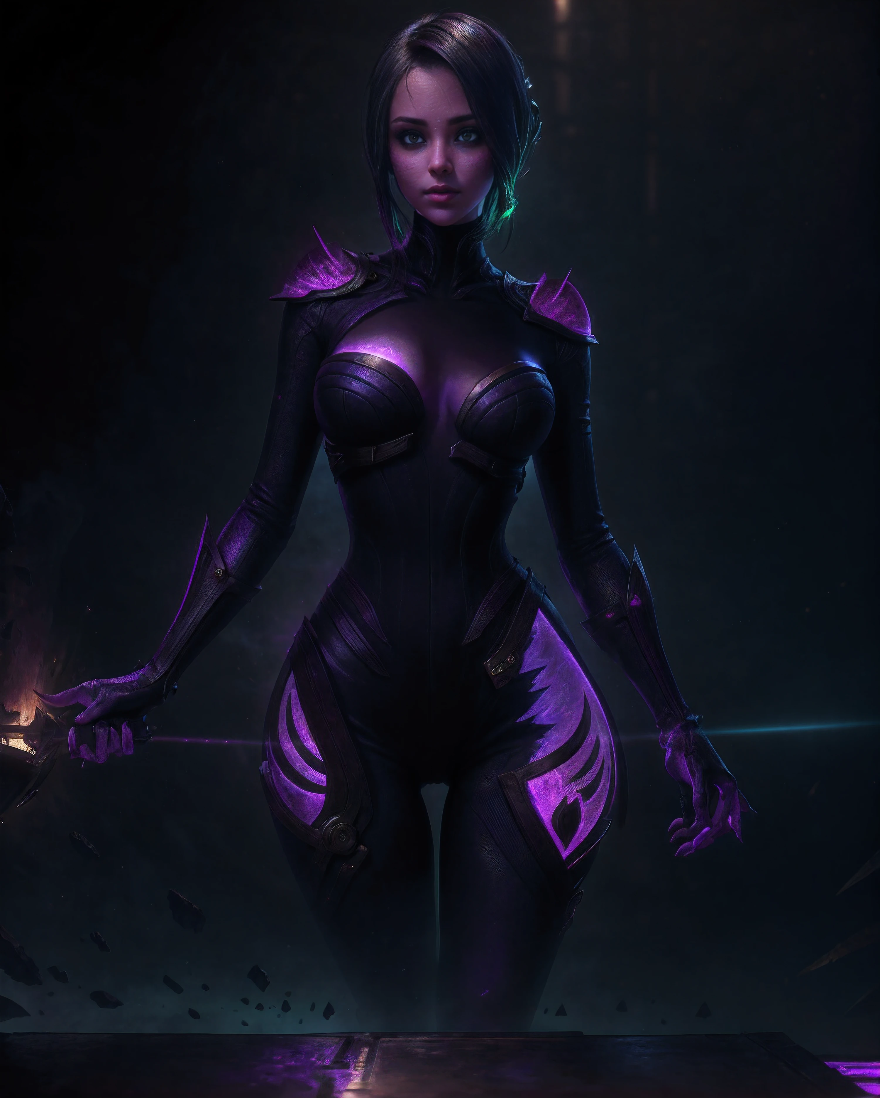 (Naked:1.4), Photo of a gorgeous young woman, realistic skin texture, thigh gap, Looking down, 8 5mm art lens, F 1. 2, sharp-focus, 8K High definition, insanely detailed, Intricate, elegant, Drawn by Stanley Lau and artgerm, Violet luminous rays, in style of dark fantasy art, Side Shot, (Cheeky face), realistic 4k digital art, (Gloomy color scheme:1.5), Space and black holes in the background.