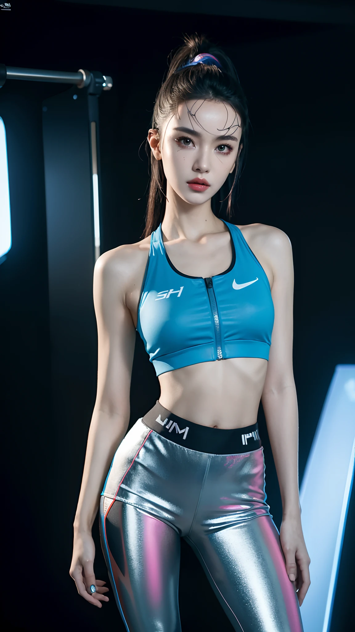 A woman in a blue top and silver pants posing for a picture - SeaArt AI
