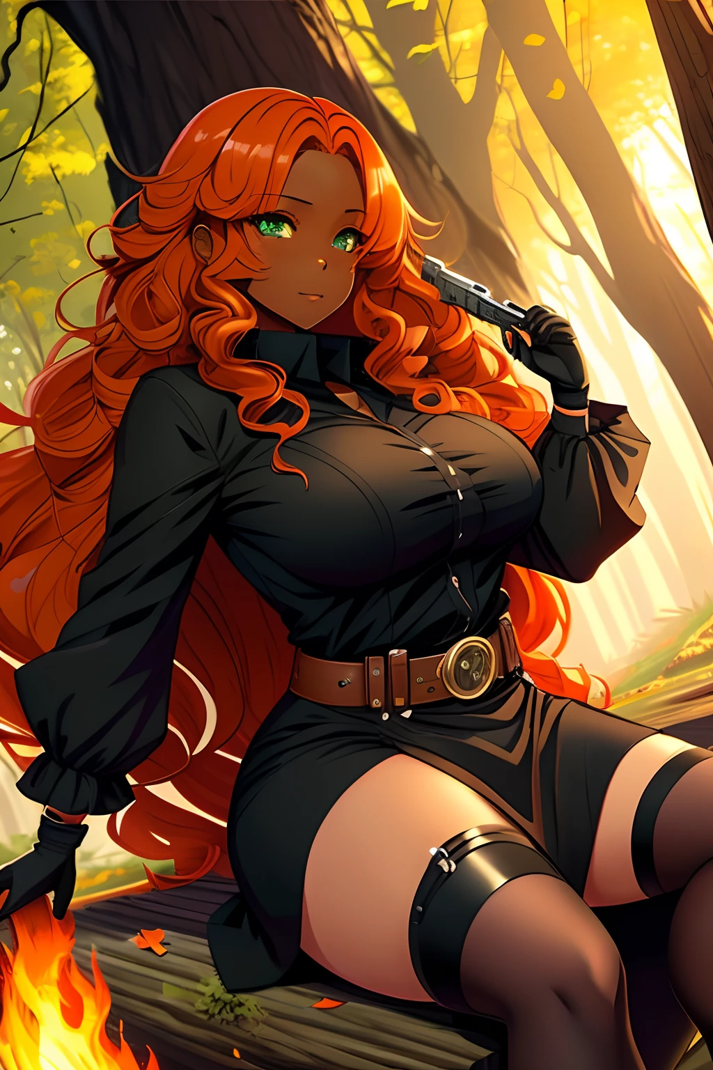 black woman, dark skin, brown skin, not pale, not white, only brown skin, only black, no light skin pretty, with long curly hair, very long hair, curly long orange hair, orange hair, very curvy body, fat, thick, round, shapely, sexy body, big chest, big butt. chubby. not skinny, wild eyes, green eyes, bright green eyes, and a black shirt, mariko, fully dressed, modest dress, sexy modest, pixiv 3dcg, ig studios anime style, anime style 4 k, anime yandere artstyle, yandere, crazed, evil, vengeful, flames, burning city in the background, burned wastes in the forest, official artwork, expressing joy. dominant, solarpunk anime art, solar punk city, pixiv style, digital anime illustration, trending on artstation pixiv, kda, gta, evil, holding a knife, holding a gun, holster on waist, holding a weapon, platform heels, tall shoes, sexy outfit, black clothes sitting in a tree, forest backdrop