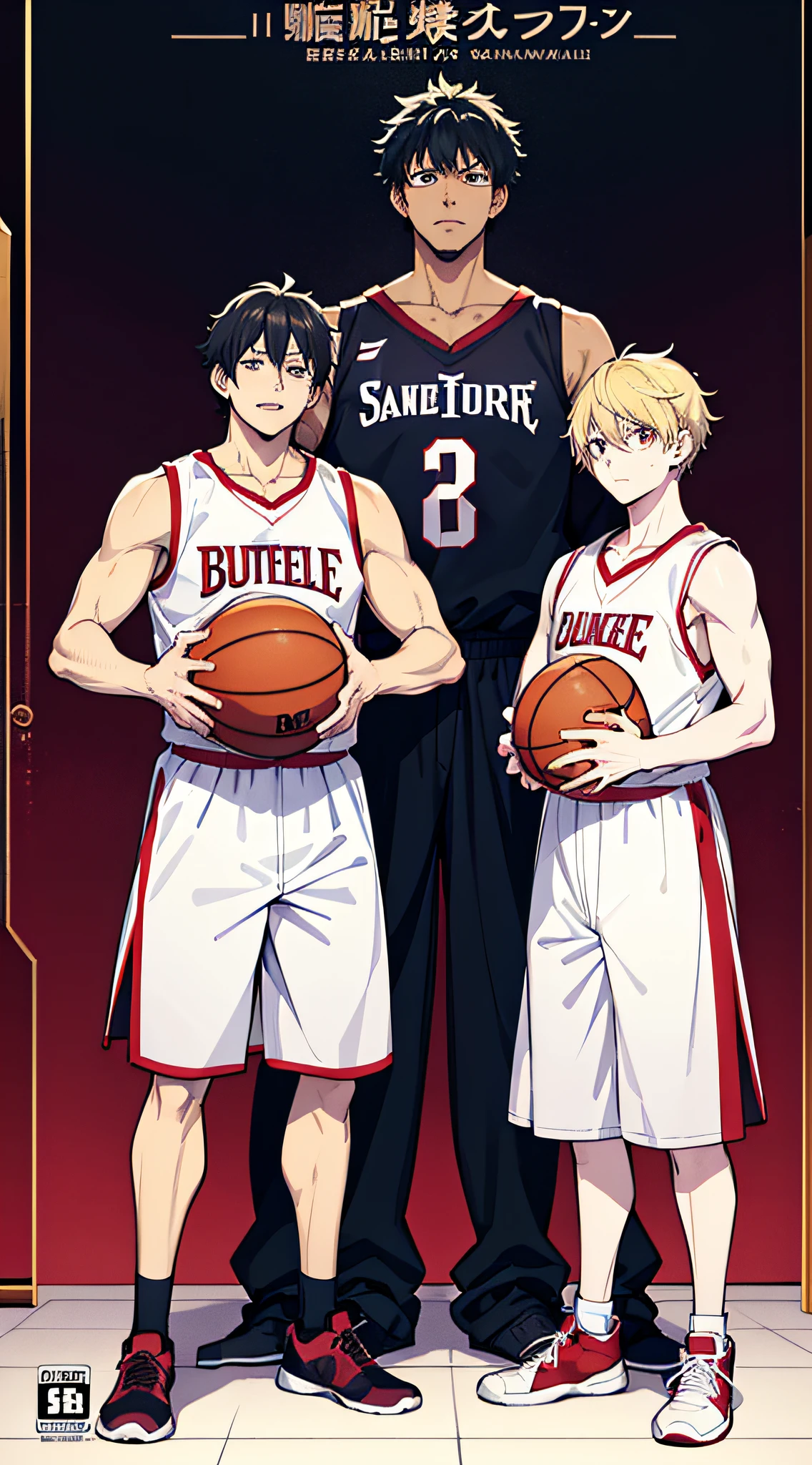 Poster of a group of basketball players standing side by side, shounen jump, sankakucomplex anime image, bishounen, shogakukan, kentaro miura manga art style, An anime cover