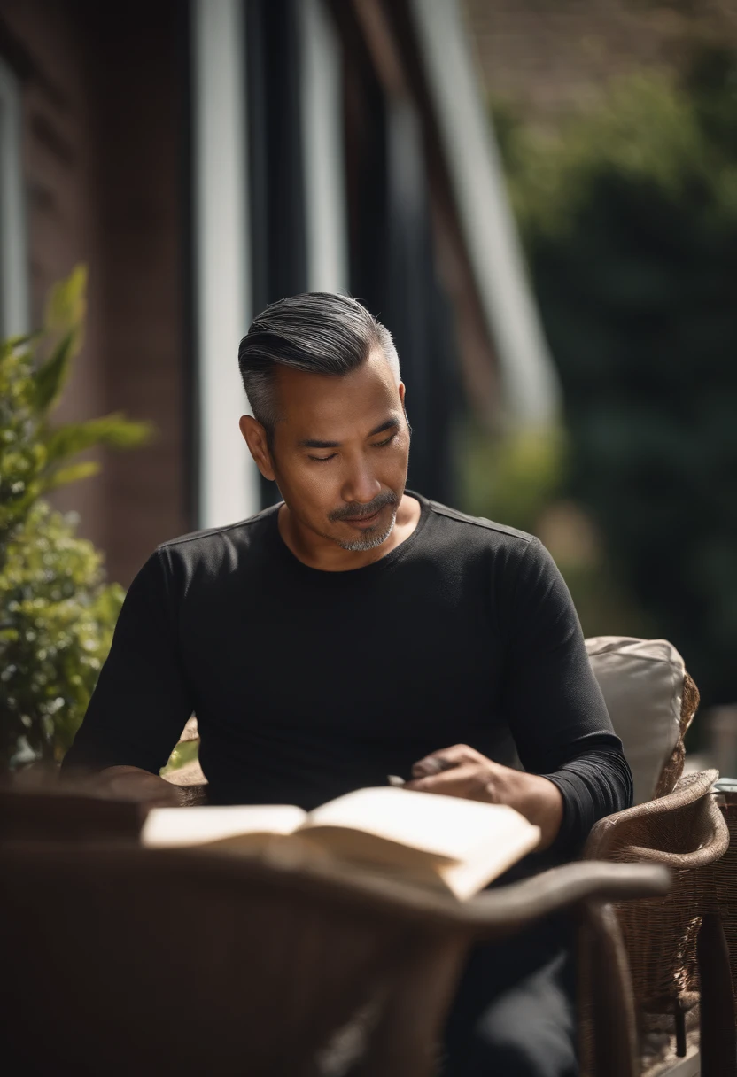 Portrait of a malay father, 40 years old, full fashial hair, trimmed, a little bit of graying hair, hair slick back, wearing long sleeves black tshirt, smoking cigg while reading a book, sitting on a chair on a patio, outside, sunny day.